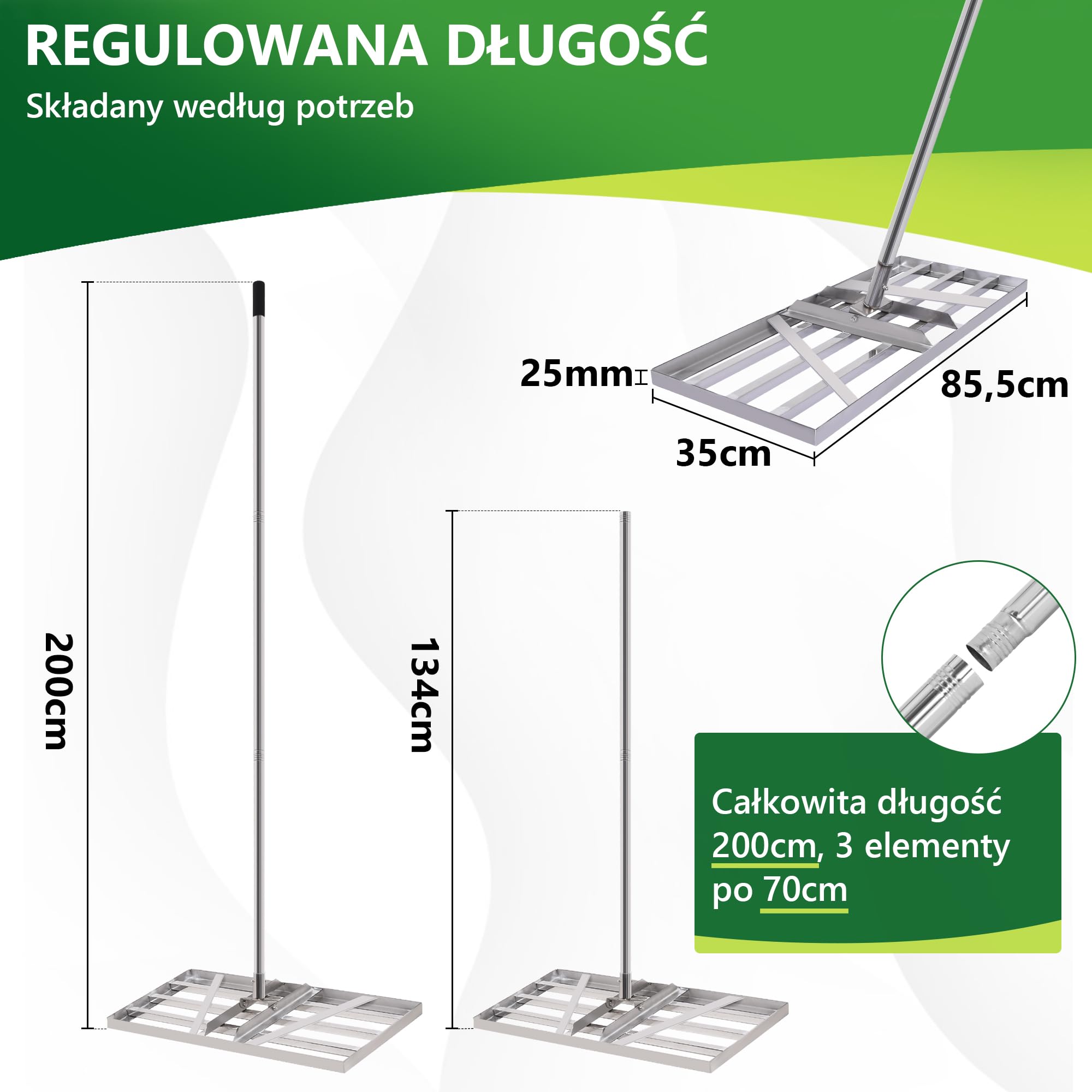 Rakle XXL 85 x 35 | z regulowanym uchwytem o długości 2 m | rakiel do trawnika, piasku górnego nawierzchni, do ogrodu, golfa