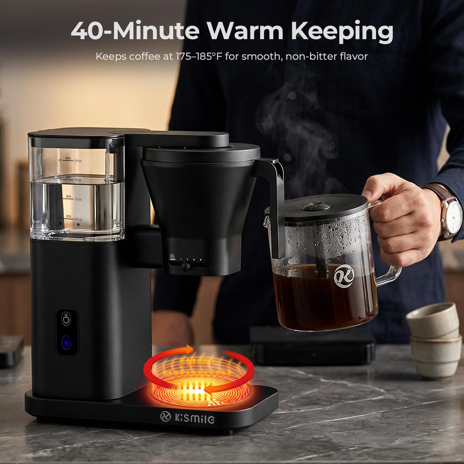Kismile 8 Cup Drip Coffee Maker, SCA Certified Hot & Cold Brew Coffee Machine, Fast Heating to 197–205℉, 40 Min Keep Warm, Adjustable Flow Control, Easy to Clean