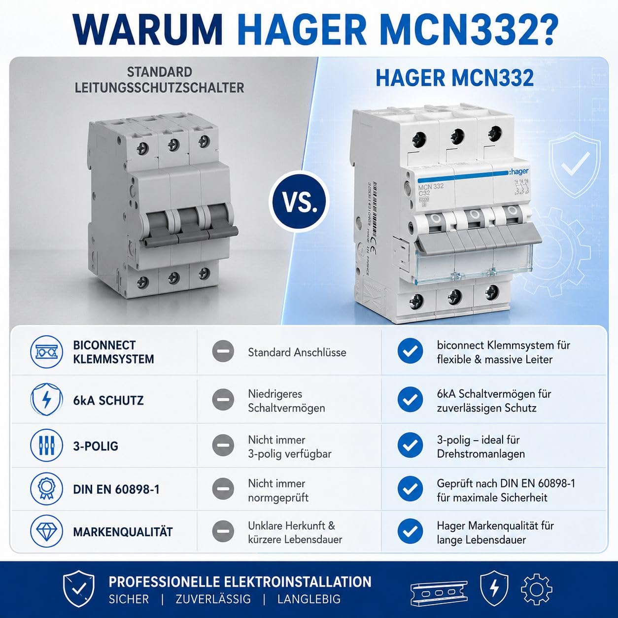Hager MCN332 Leitungsschutzschalter 3-polig C32A, LS-Schalter 32A für Drehstrom & Hutschiene, 6kA Sicherungsautomat, biconnect Klemmsystem, DIN EN 60898-1, 230/400V AC