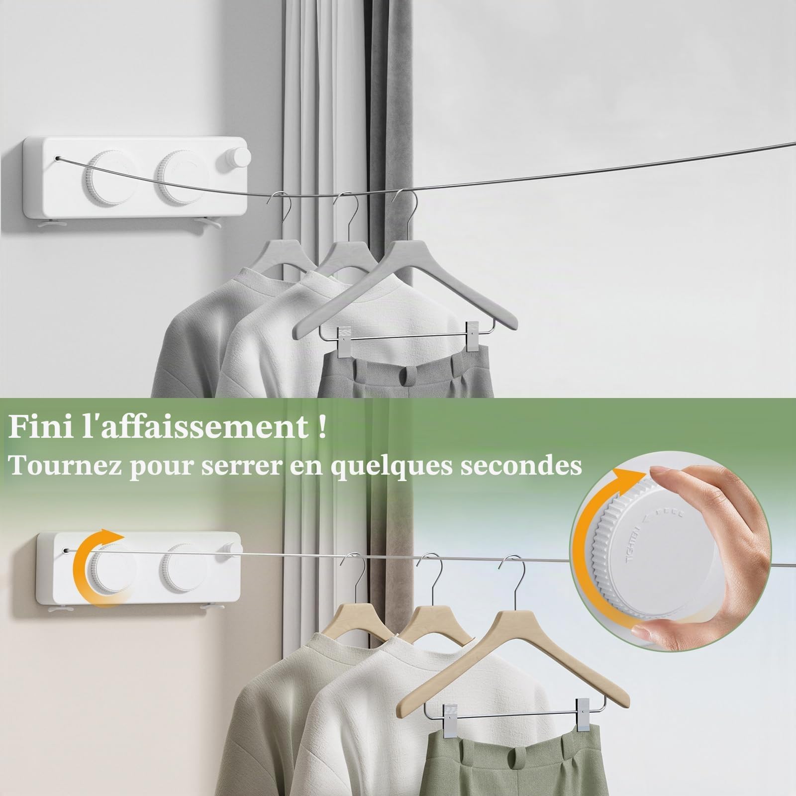 Danpoo Corde à Linge rétractable, 2 Fils à Linge de 4,2 m en Acier InoxydableLigne à Linge très résistante pour l'intérieur et l'extérieur, Étendoir à Linge rétractable à Suspendre, Blanc