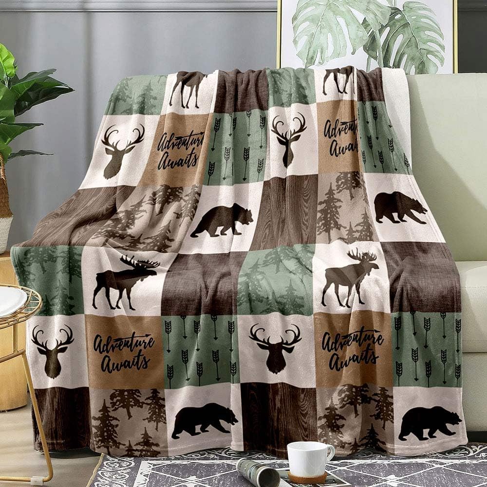 LUVIVIHOME Deer Throw Blanket, Patchwork Black Bear Elk Moose Woodland Animals Lodge Cabin Rustic Farmhouse Hunting Blanket Twin Blanket, Cozy Soft Flannel Fleece Blanket for Bed, Couch, Sofa, 60"x80"
