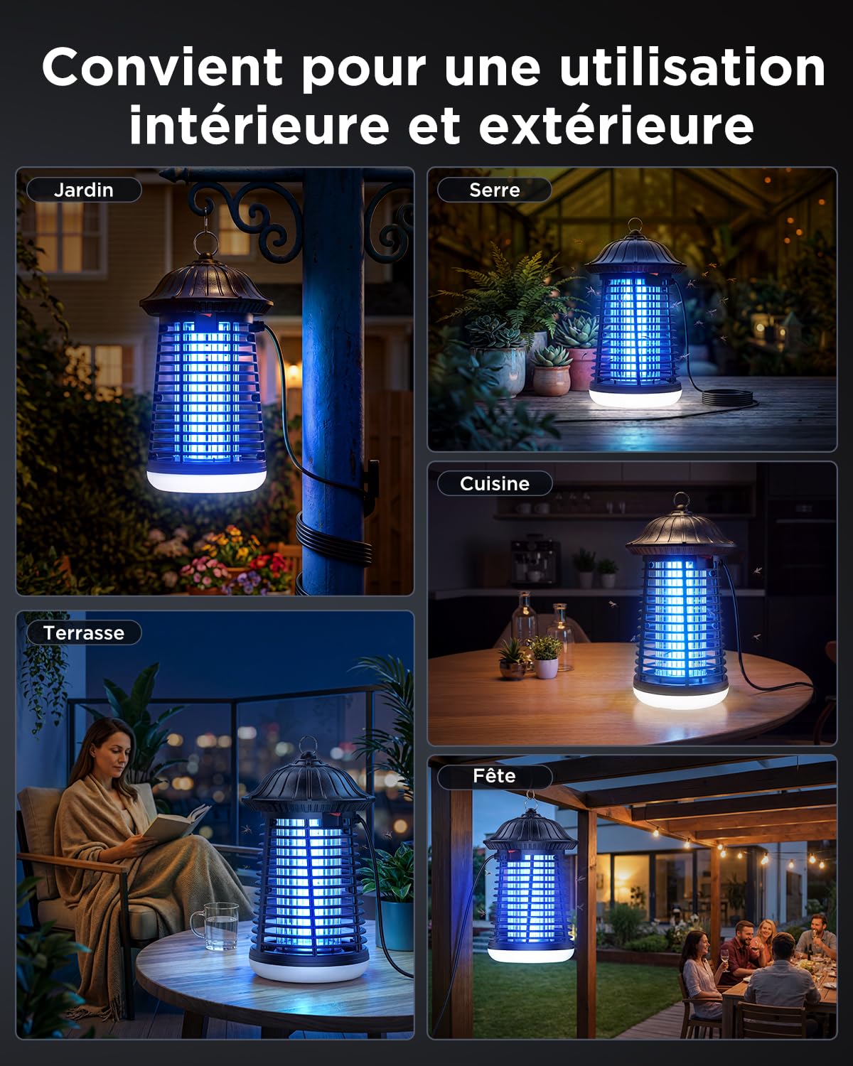 VIWAVE Lampe Anti Moustique avec éclairage LED, 15 W Piege a Mouche Puissante 4200V, Tueur d'Insectes électrique IPX4 étanche, Câble de 3m, Couverture de 150 m², pour Intérieur et Extérieur