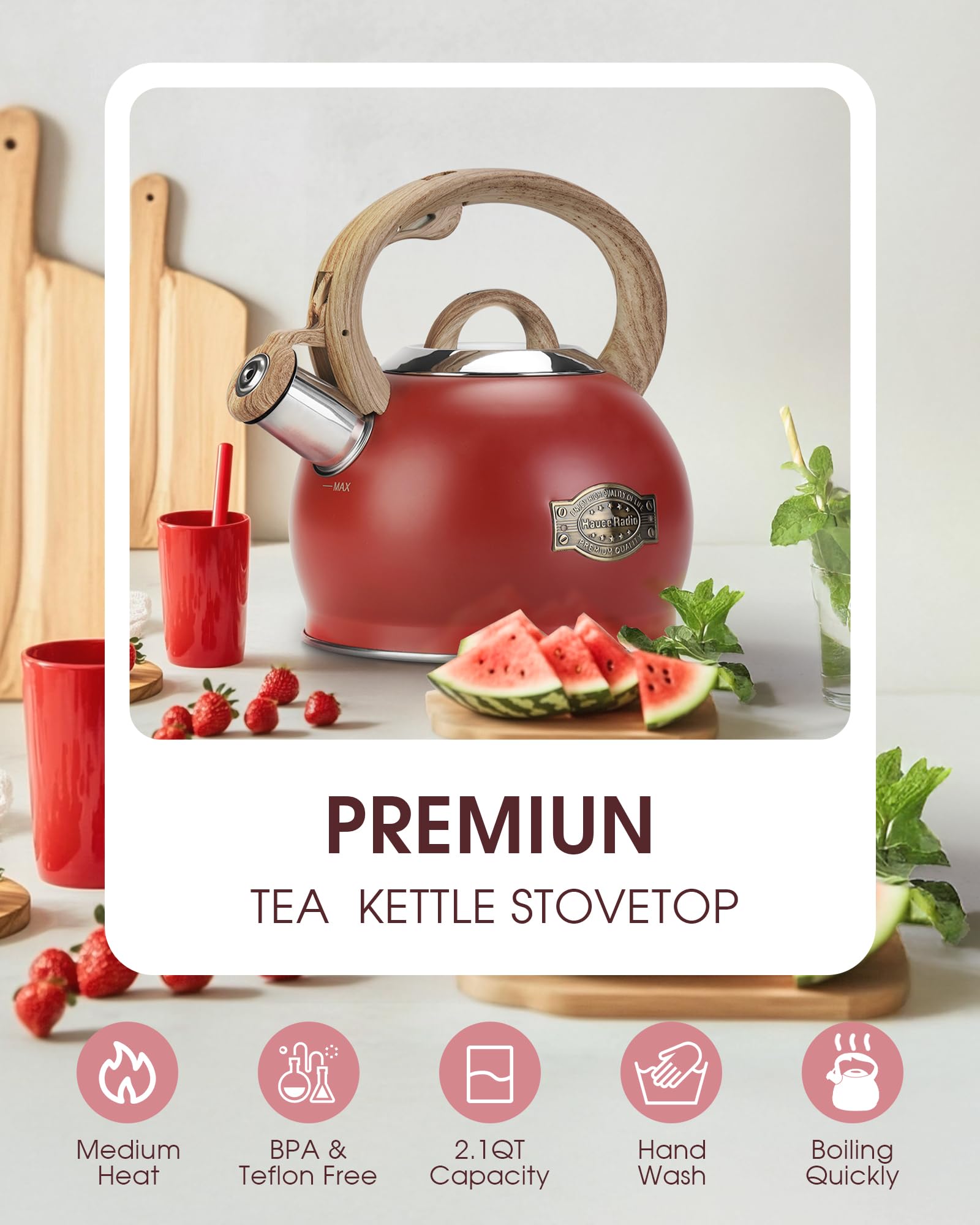 Tetera silbante de 2.0 litros con mango ergonómico y mango ergonómico de grado alimenticio para té, café, rojo leche