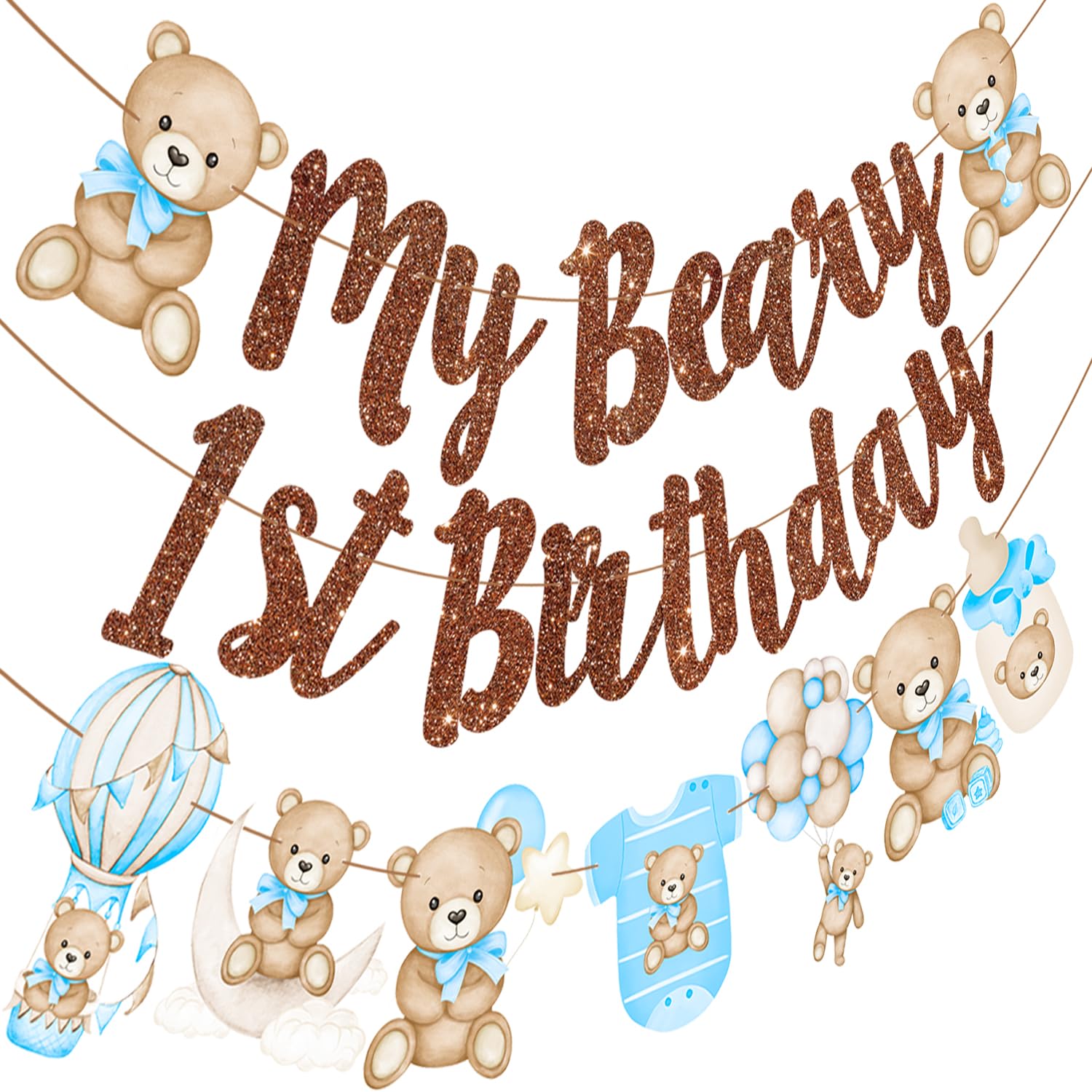 My Beary 1st Birthday Decorations - 3Pcs Blue Teddy Bear 1st Birthday Banners for Bear Theme Baby Shower Supplies