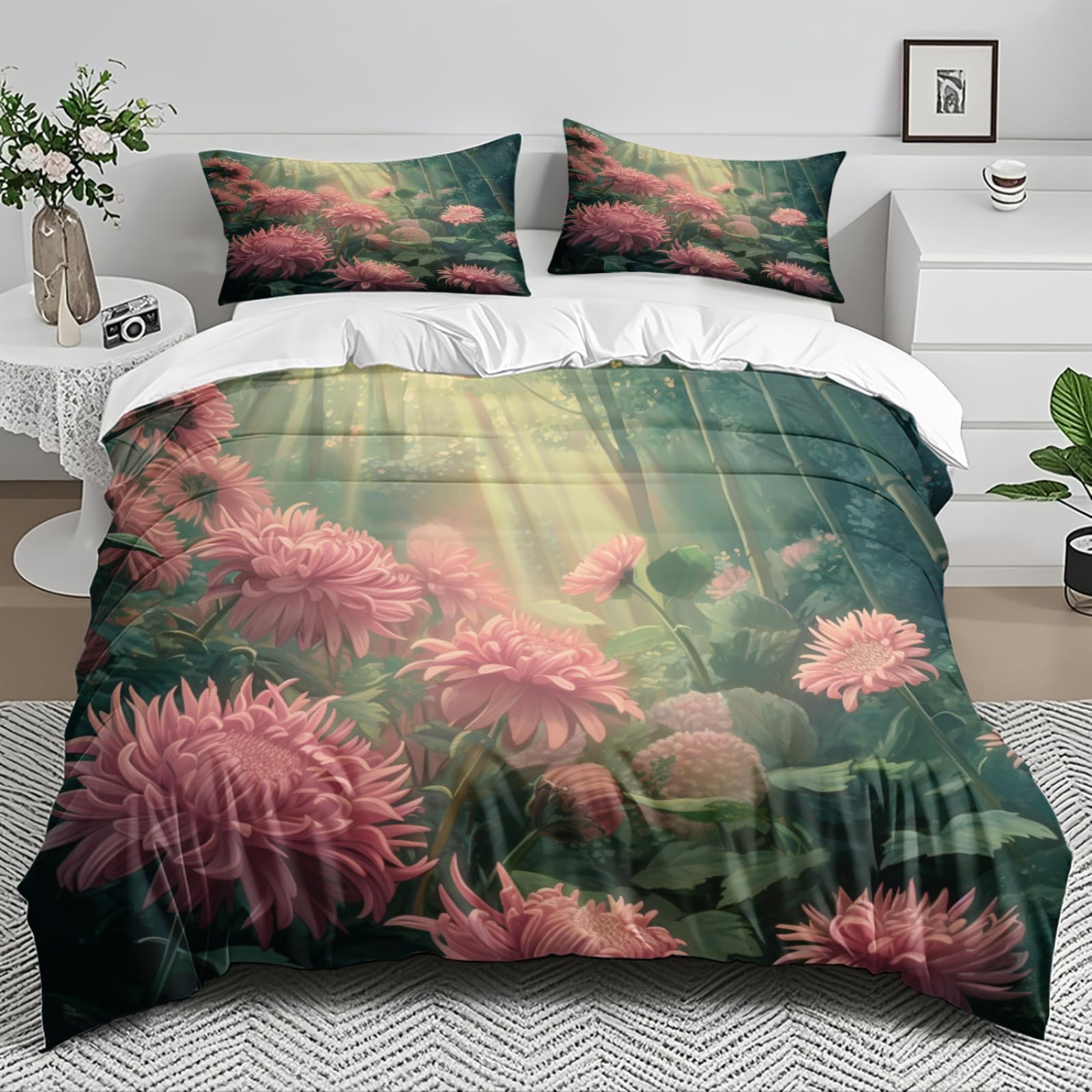 Parure de lit 240 x 260 microfibre housse couette 260x240 rose verte jaune avec taie d'oreiller 50x75