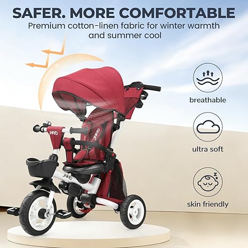 Miniatura 7 de JMMD Cochecito de triciclo 8 en 1 con asa de empuje, triciclo plegable con asiento giratorio de 360, respaldo reclinable, ruedas todo terreno,