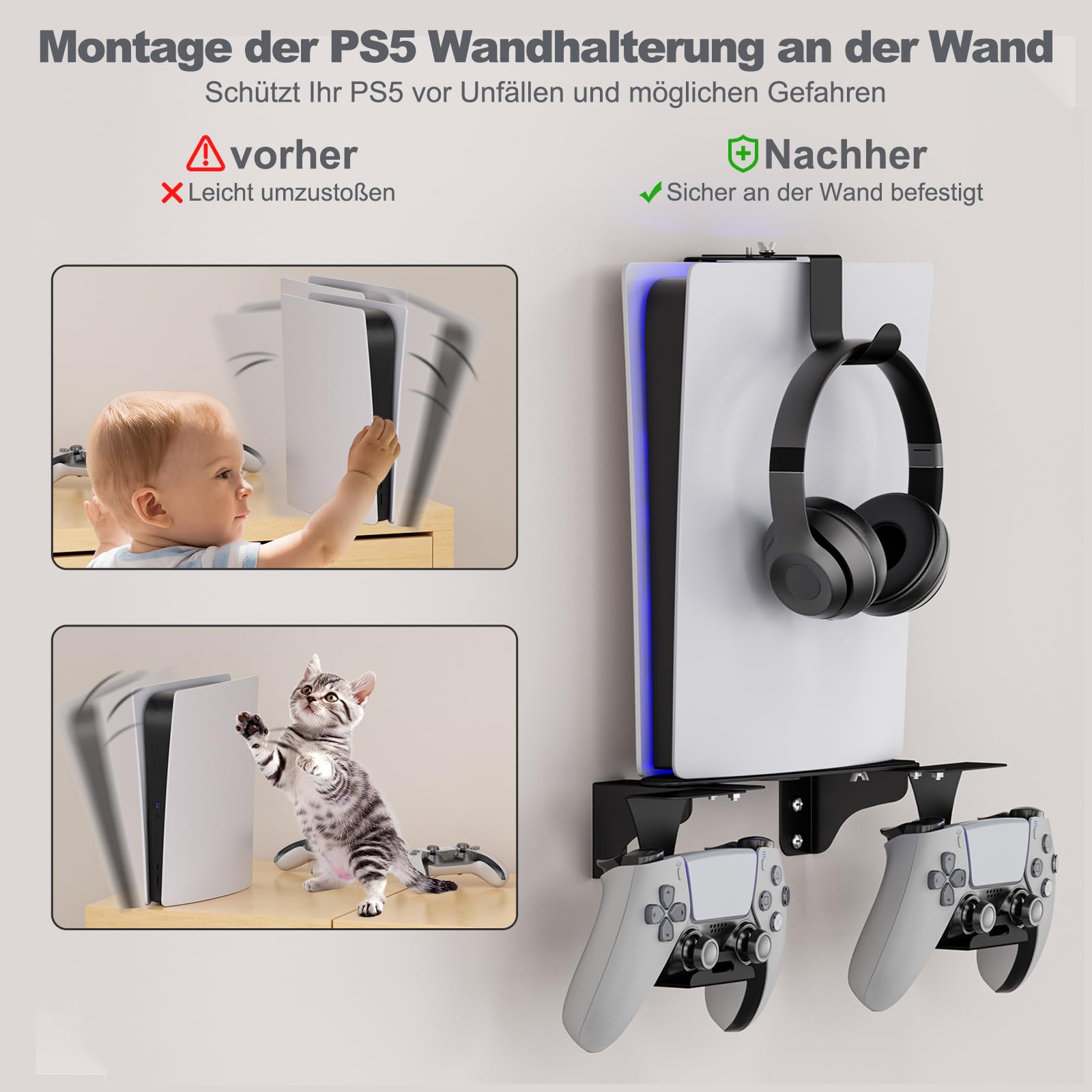 Supporto da Parete PS5 regolabile, Con Supporto per Impugnatura e Supporto per Cuffie, Solo per Console PS5, Compatibile con Playstation 5 Disc & Digital Edition, Nero