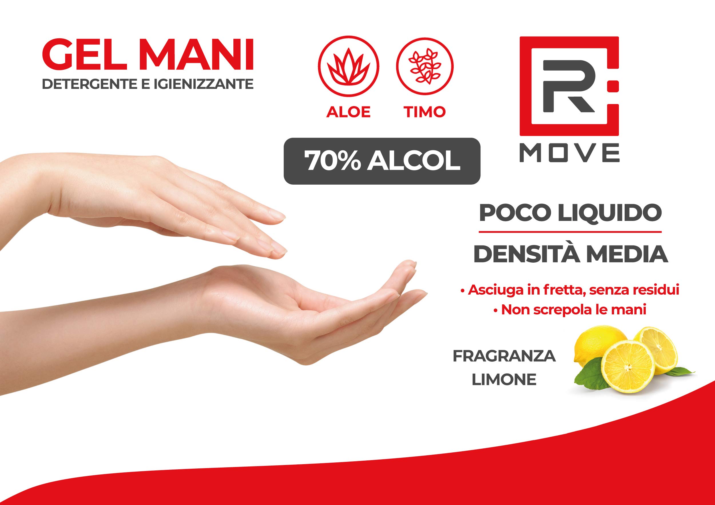 RMOVE 4 flaconi 200ml gel igienizzante mani 70% ALCOL profumato al limone con Aloe e Timo