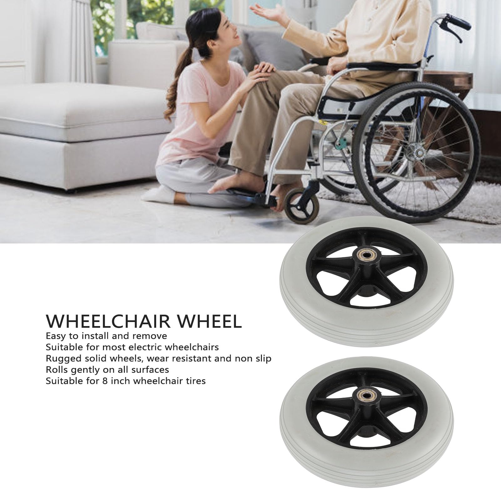 8 Inch Wheelchair Wheels, Wear Resistant PU Tires, Anti Slip ABS Hub, Easy Installation, Smooth Rolling, for Electric Power Wheelchairs