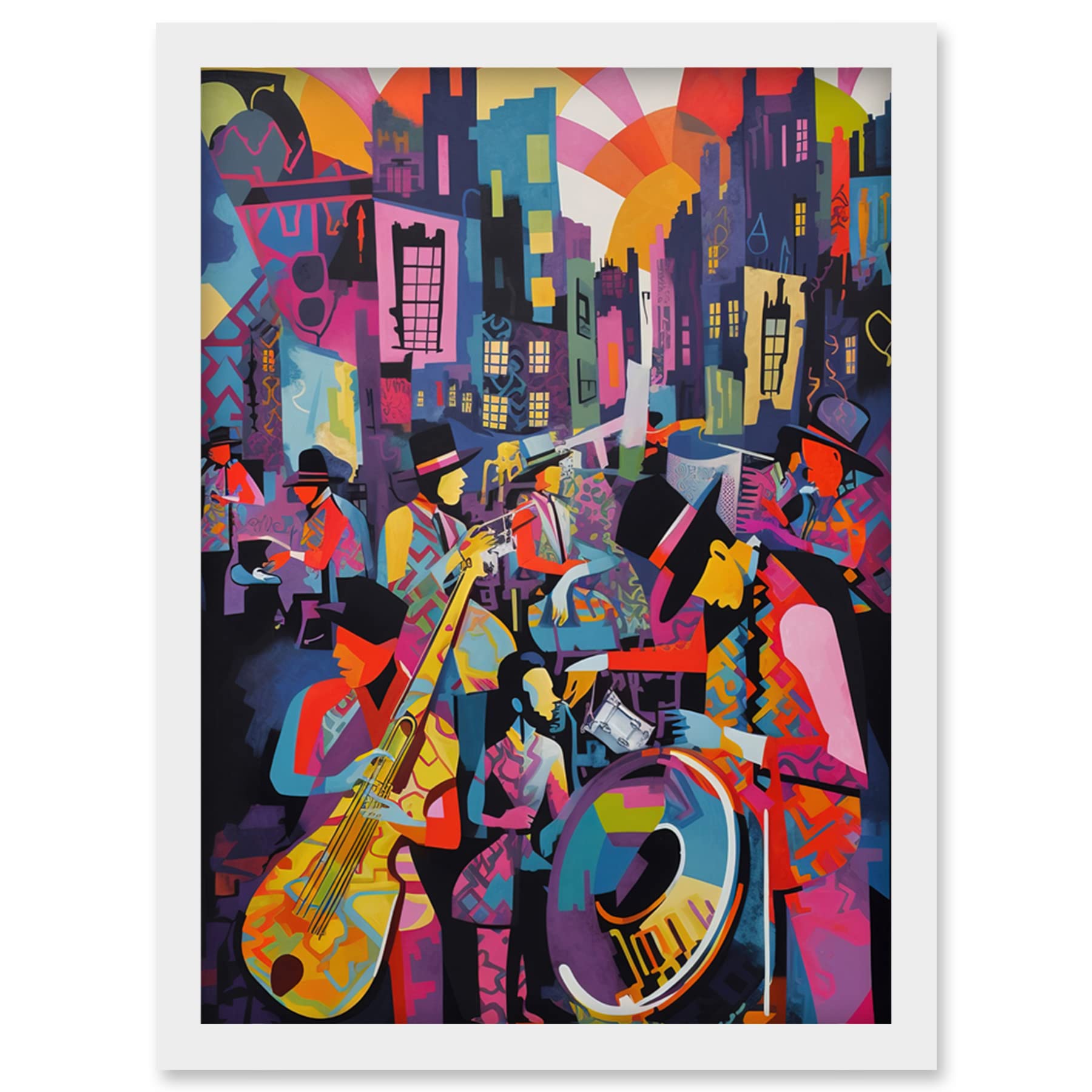 Artery8 New Orleans Jazz Festival Street Musicians Playing Music City at Sunset Abstract Modern Painting Artwork Framed Wall Art Print A4
