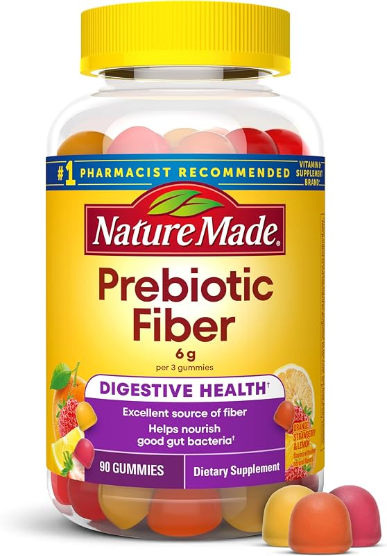 Nature Made Prebiotic Fiber Gummies for Adults and Kids, 90 Gummies | Fiber Supplement for Digestive System Support, Helps Nourish Good Gut Bacteria, Orange, Strawberry and Lemon Flavors