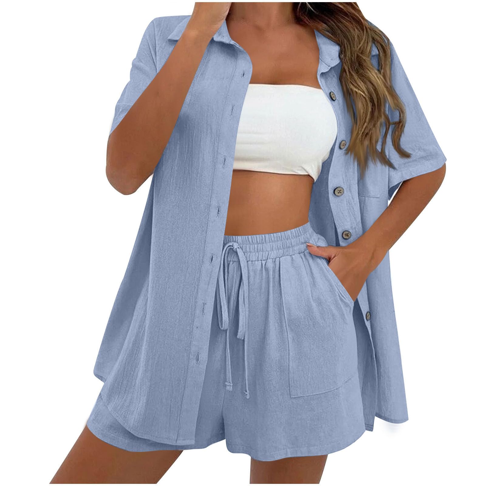 Womens Linen Cotton Summer Casual 2 Piece Outfits Short Sleeve Button Down Shirts Drawstring Shorts Lounge Tracksuit