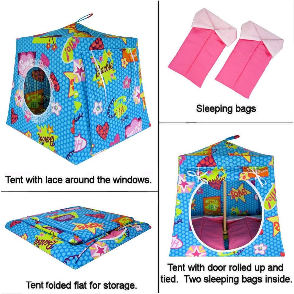 Toy Play Doll Tent, 2 Sleeping Bags, Light Blue with Sparkling Barbie Print Fabric for Dolls, Stuffed Animals