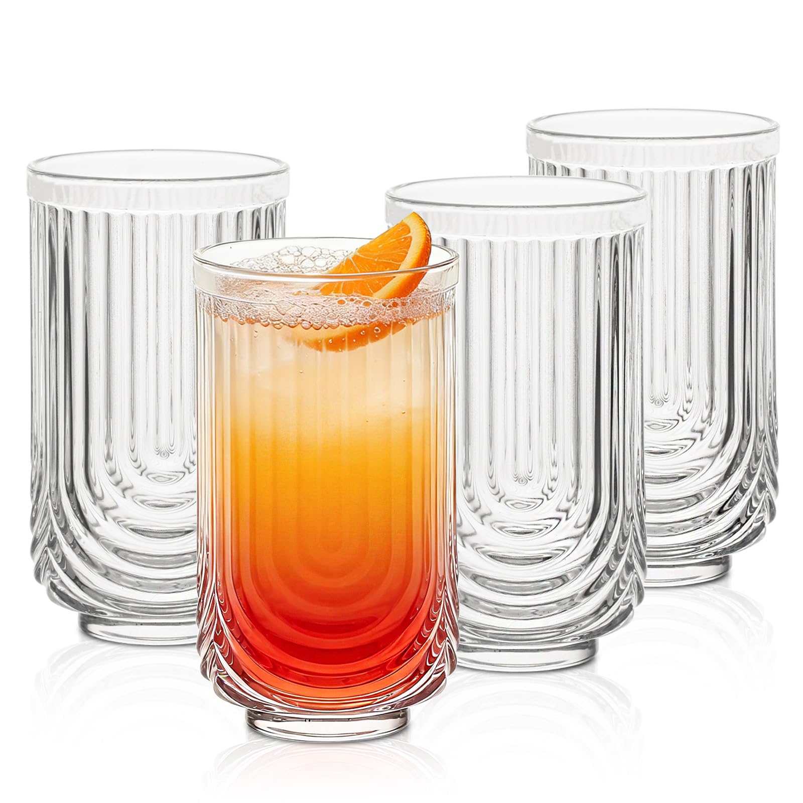 INSETLAN Vintage Glassware Arch Design Glass cups Set of 4 Fashioned Ripple Glassware Highball Glass Classic Transparent Cocktail