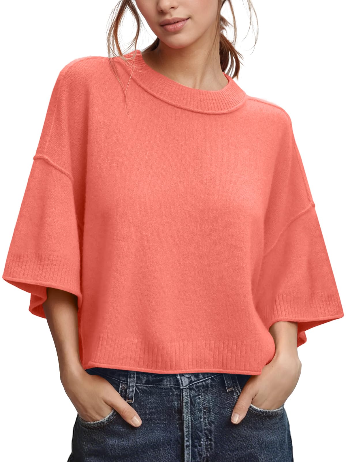 ZDC Womens Oversized Sweaters Summer Short Sleeve Casual Cropped Tops Lightweight Loose Fit Knit Pullover