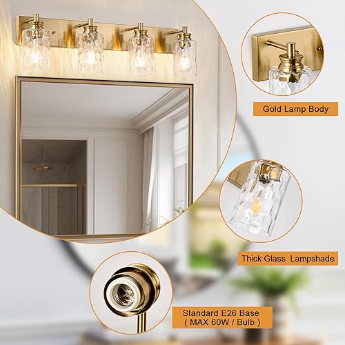 Miniatura 4 de Lámpara de tocador de baño de 4 luces, moderna lámpara de baño dorada cepillada sobre espejo con pantalla de vidrio martillado para cocina y pasillo