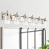 VINLUZ 6-Light Brushed Nickel Vanity Lights for Bathroom,Modern Bathroom Wall Sconces with 5 Color Modes Lighting Fixture with Clear Glass Shade and Crystal Bulb(LED Bulbs Included)