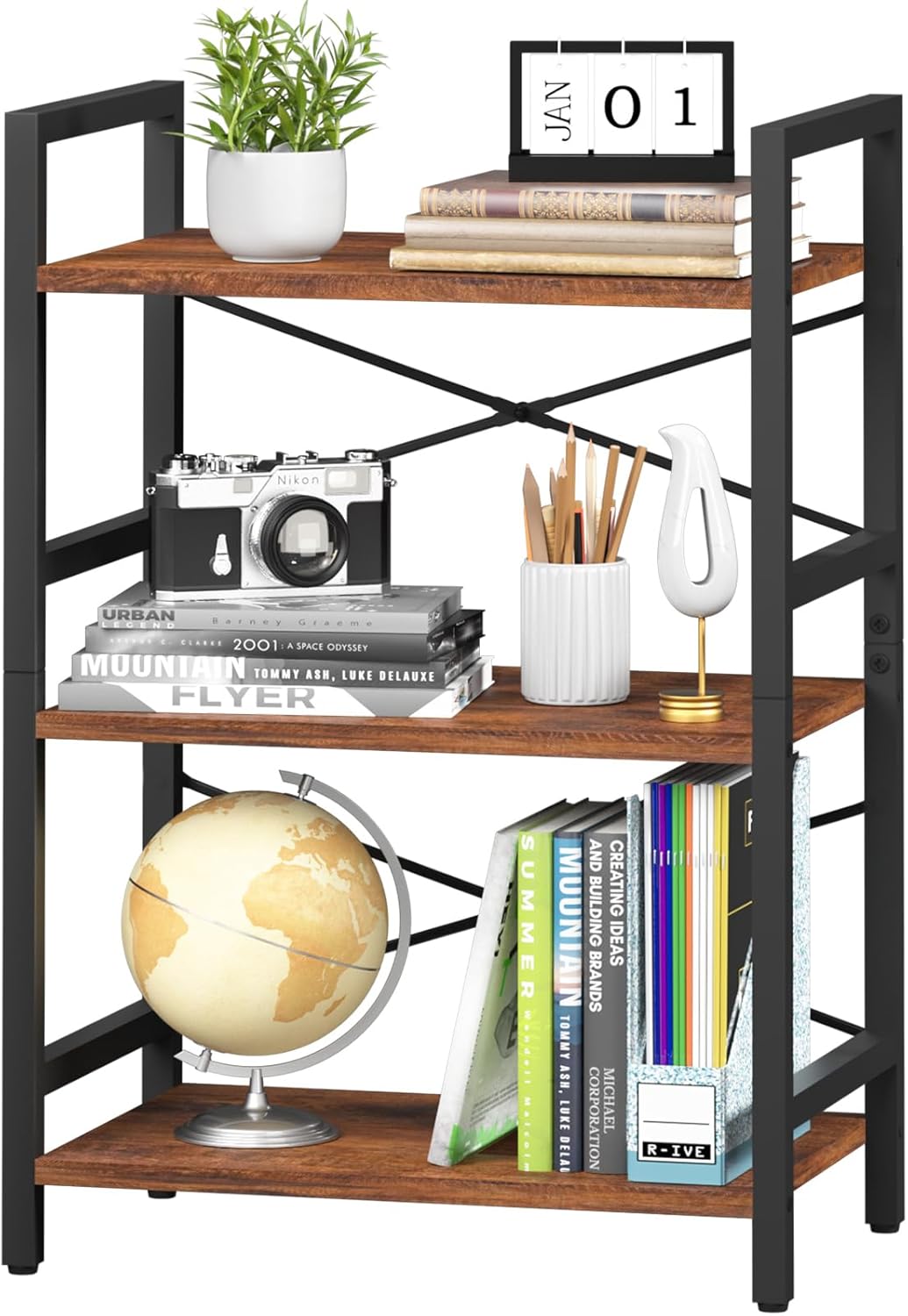Yoobure Bookshelf Small Book Shelf, Solid Industrial 3 Tier