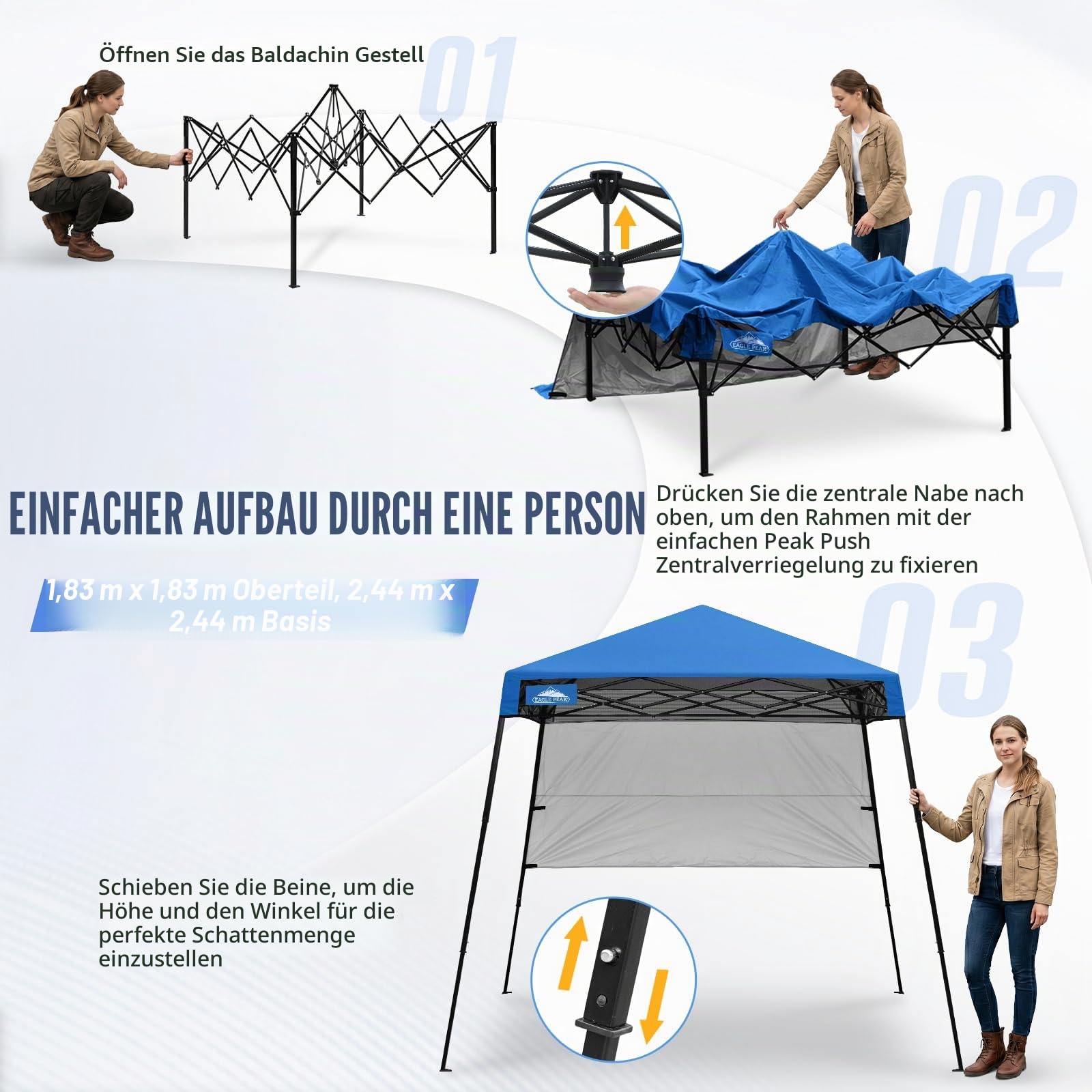 EAGLE PEAK Schräge Beine Faltbar Pavillon 2.4x2.4m Wasserdicht Camping Pop-up Faltpavillon mit Seitenteil, inkl. Rucksack, 8' x 8', Blau