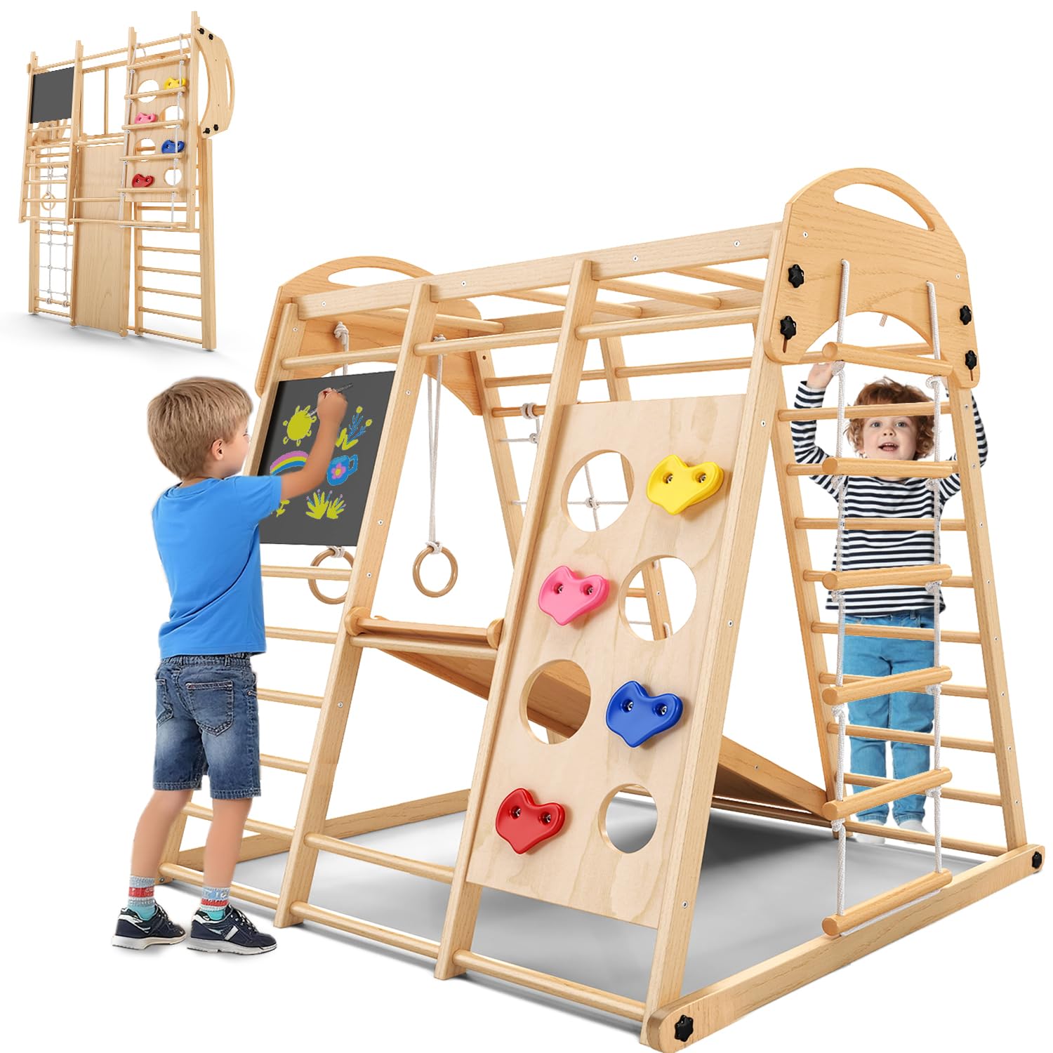 Klettergerüst Indoor Klappbar, Montessori 9-in-1 Holzspielplatz mit Rutsche, Schaukel & Kletternetz, Sprossenwand Kletterdreieck für Kinder 1-6 Jahre (Natur)