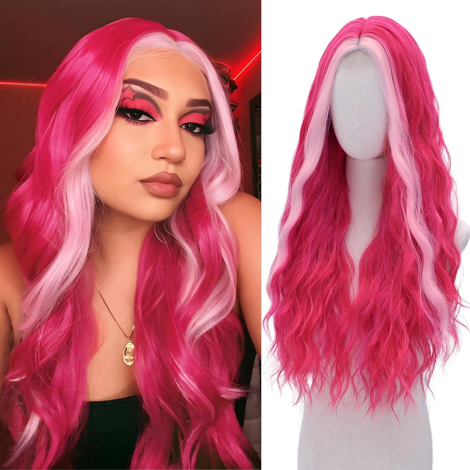 hot pink wig-long pink wigs for women natural wavy synthetic wig heat resistant fiber wigs for daily party halloween cosplay 28 inch hot pink