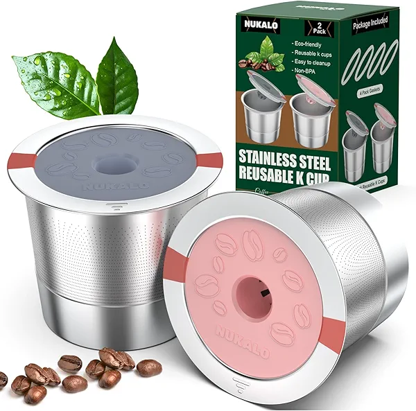 NUKALO Kcup refillable coffee pod : Reusable Stainless Steel K Cups for Keurig Metal K Cup - Pink & Gray Reusable Coffee Filter for Keurig 1.0 & 2.0 Coffee Maker - Eco-Friendly, Stratum Flow Tech