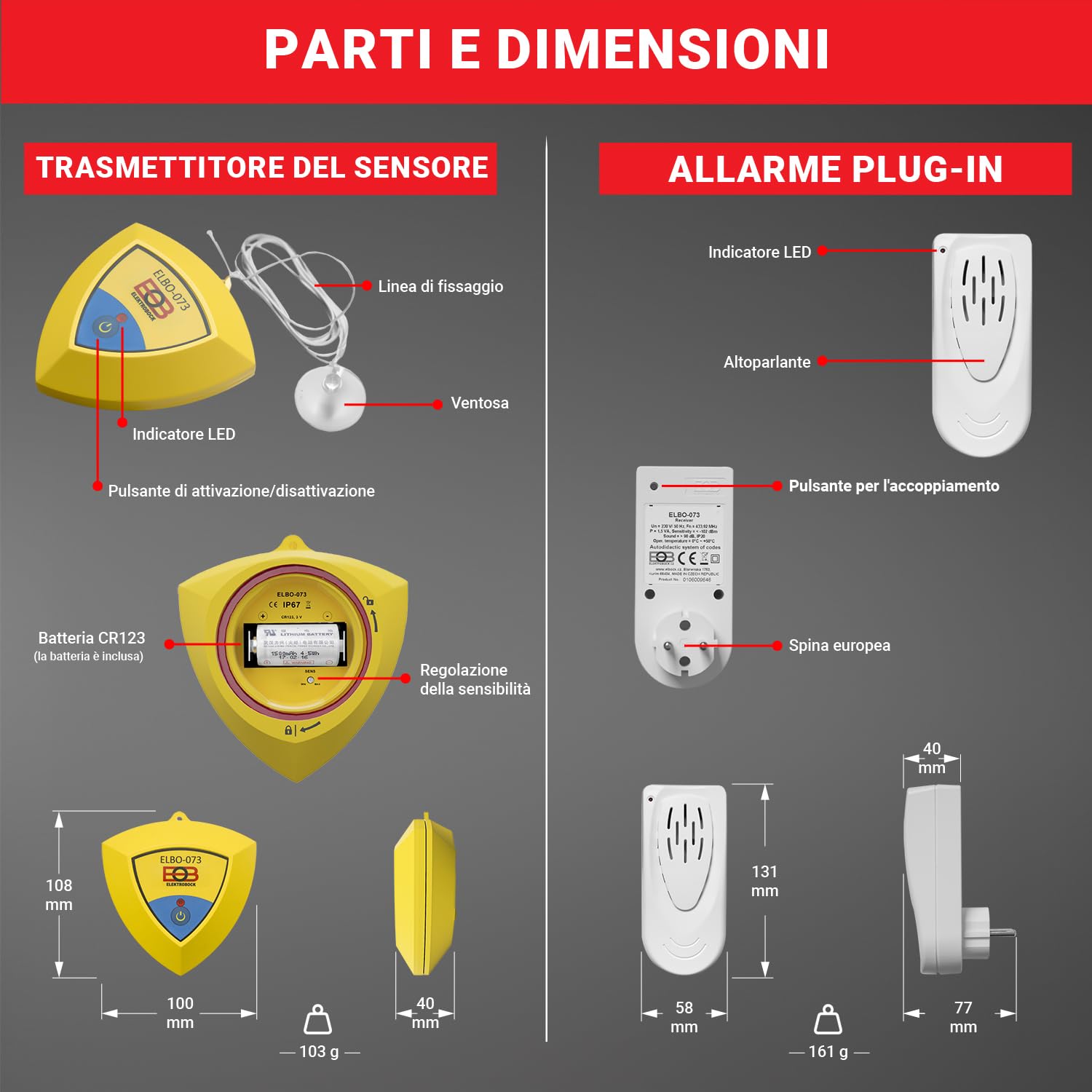 ELEKTROBOCK ELBO-073 Allarme piscina - Sensore di movimento galleggiante con sirena da 95 dB, movimenti dell'acqua - il ricevitore radio attiva un allarme forte, installazione semplice, IP67