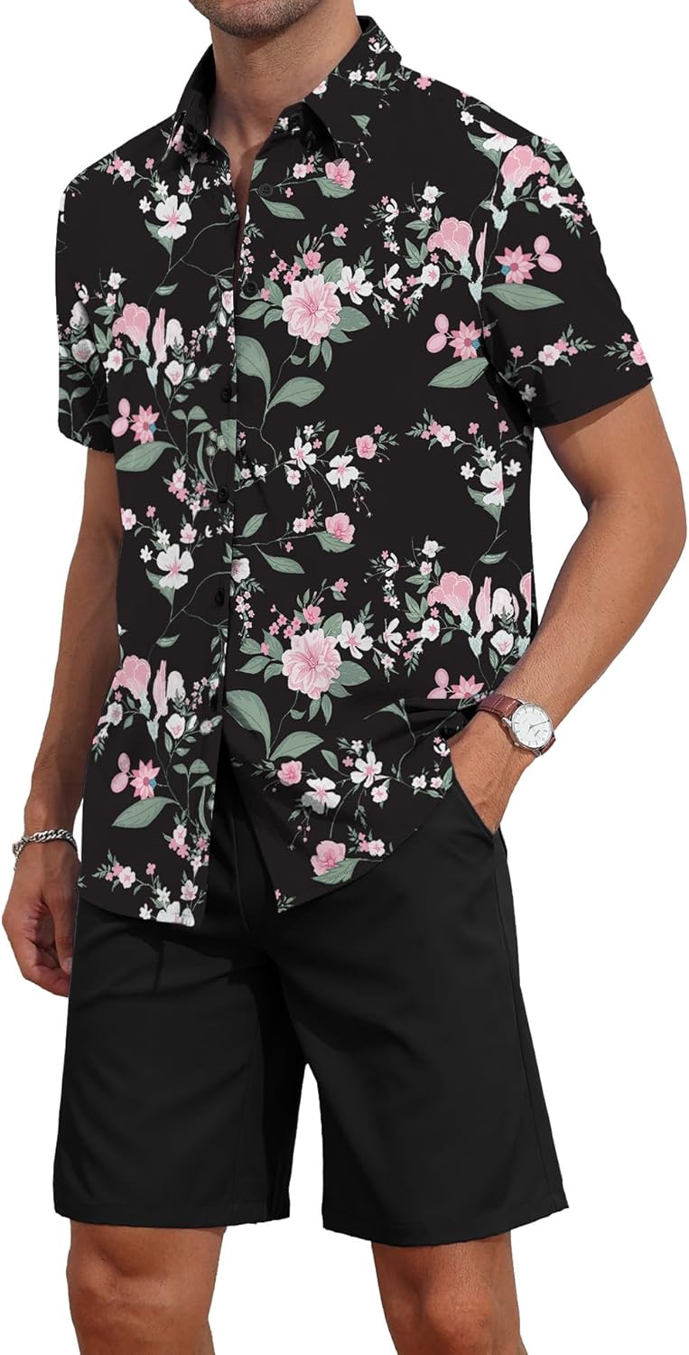 YTD Men's 2 Piece Outfits Tropical Print Short Sleeve Button Down Hawaiian Shirt and Beach Shorts Set - Image 4