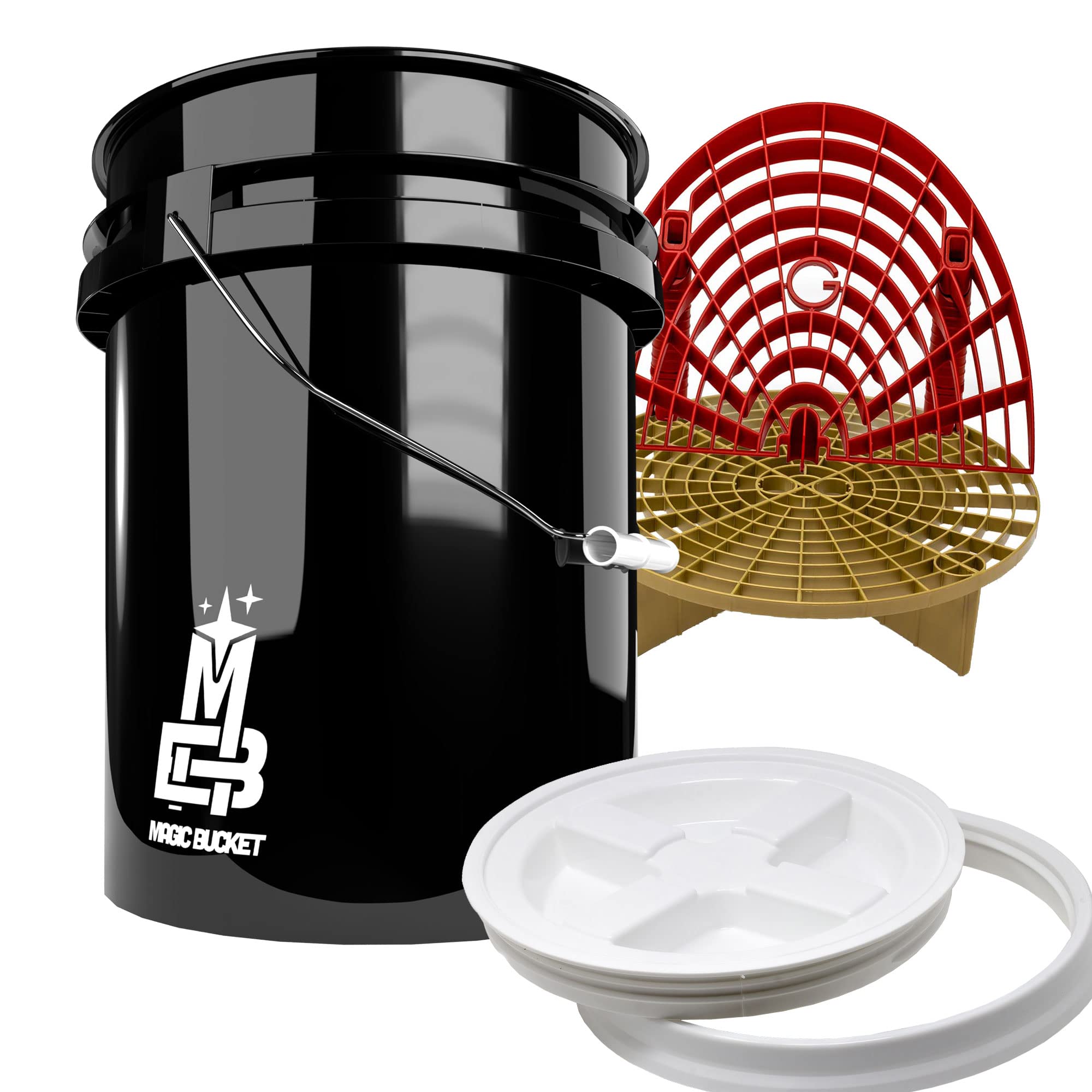 Detailmate - Set di secchielli professionali per lavare, prodotto da GritGuard: 5 GAL (circa 20 litri) / coperchio per secchio/inserto/washboard Gold + WB rosso bianco