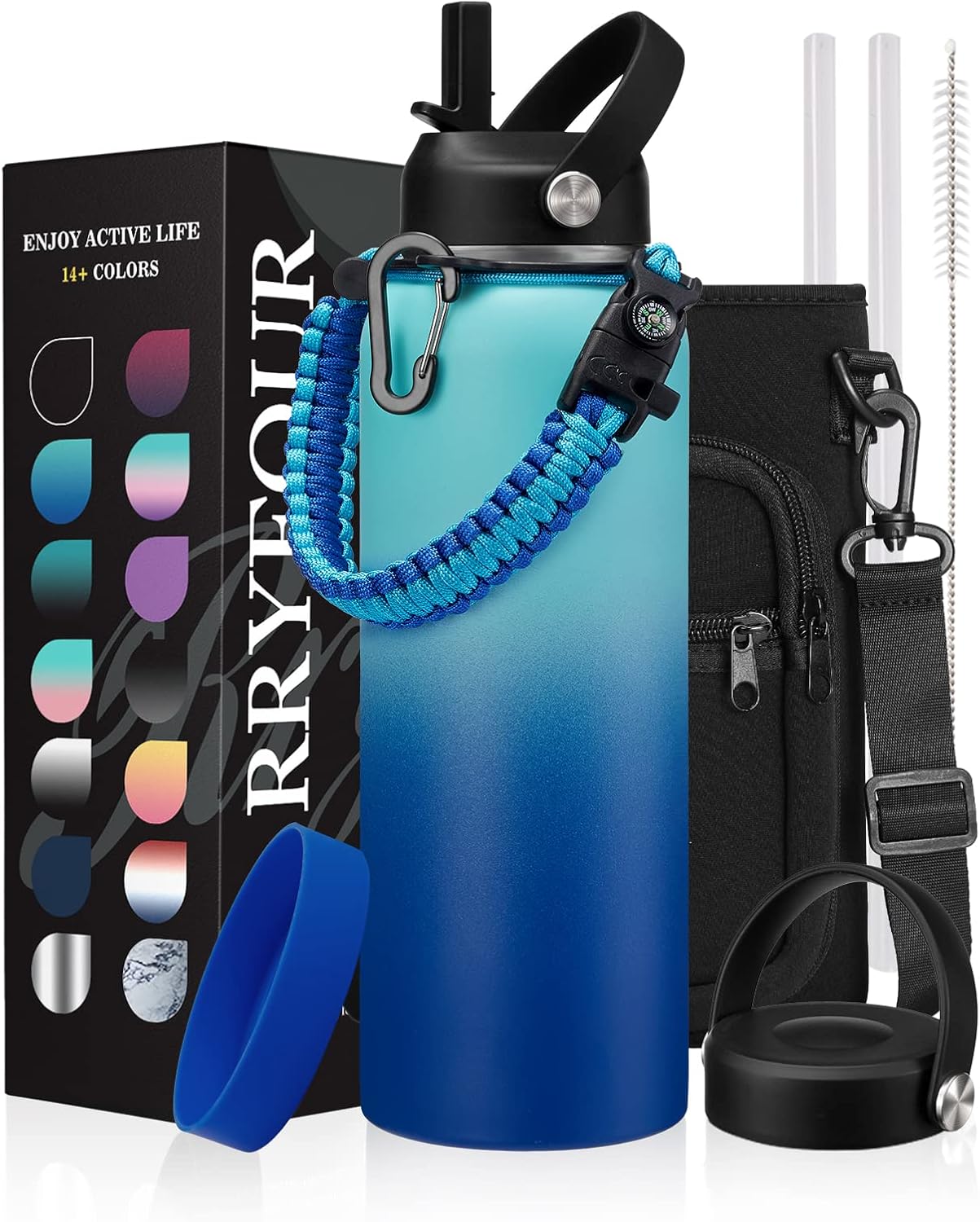 40 oz Hiking Water Bottles Bundle with 60 oz Metal Water Bottle with Wide Mouth, Shoulder Carrier Bag & Paracord Handle, Large Water Bottle for Hiking Camping Trip Sport Work