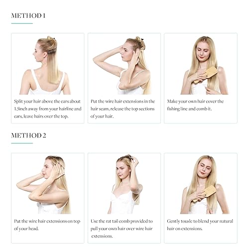 Miniatura 6 de DOORES Extensiones de cabello humano con alambre, rubio platino, 3.43 oz, 16 pulgadas, extensiones de cabello humano real, alambre transparente,