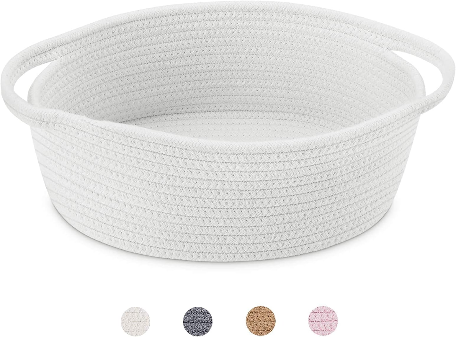 ABenkle Small Basket with Handles, Boho Decorative Rope Woven Dog Cat Toy Storage Bin Shelf Storage Organizer, Easter Christmas Gift Basket, 12"x8"x5", White