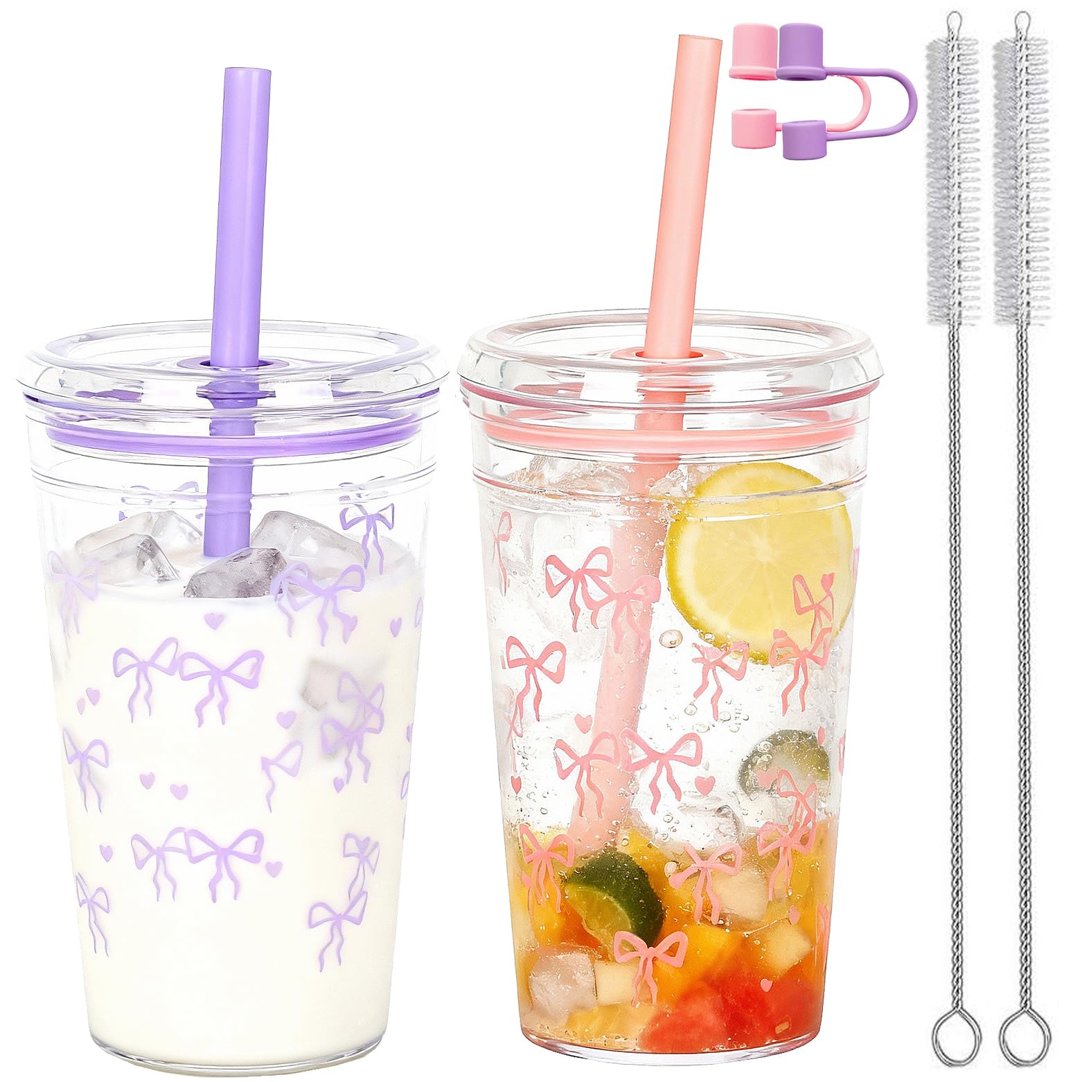CuppaLifes 450ml Clear Plastic Iced Coffee Travel Cups, 450ml Reusable Cups with lids and Straws for Cold Coffee, Travel, Iced Drinks, Milk, Sparkling Water, 2 Pack (2, Purple, Pink)
