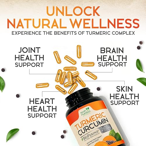 Miniatura 5 de Health Nutrition - Curcumina de cúrcuma con bioperina 95% curcuminoides 2600 mg con pimienta negra para una mejor absorción, apoyo inmunológico