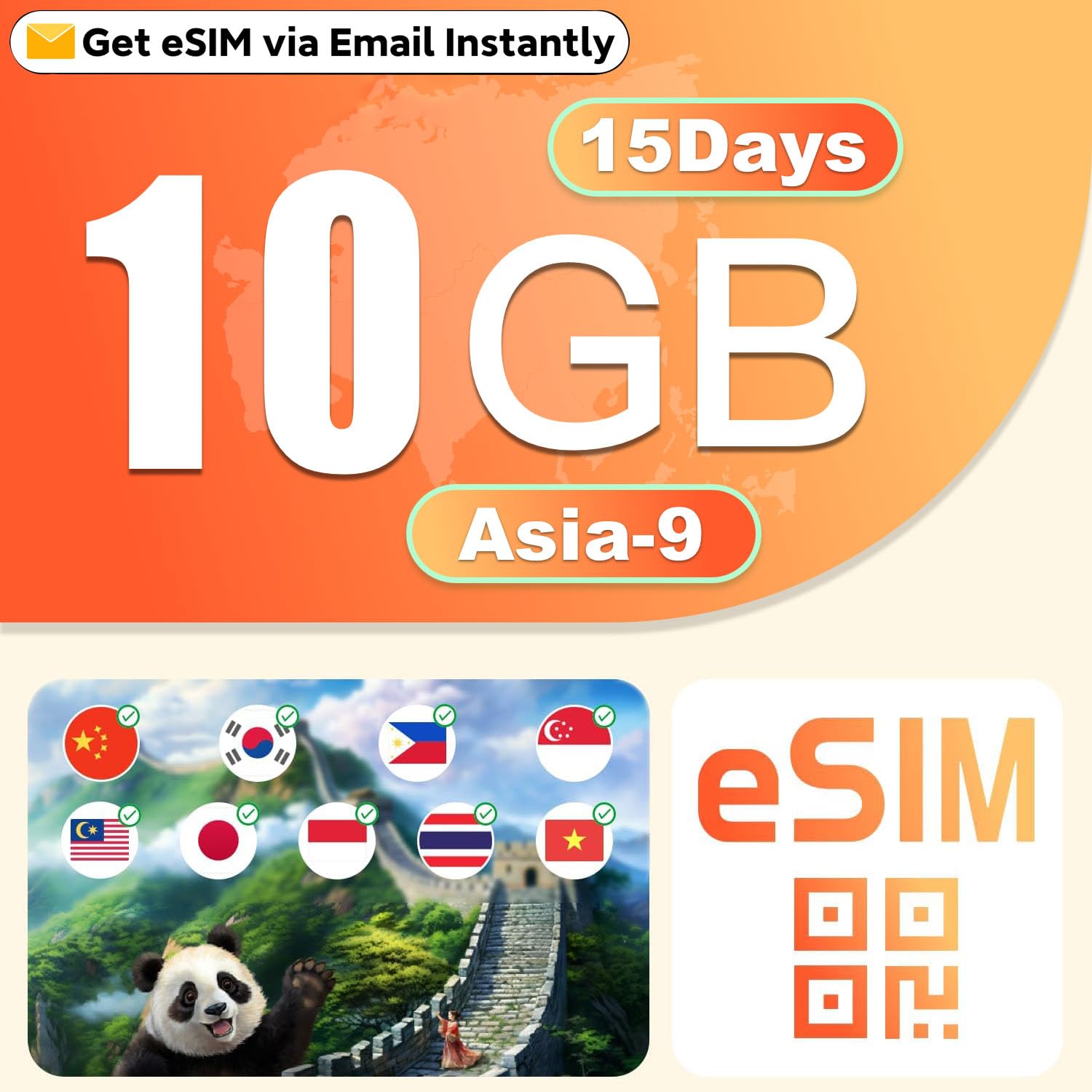 15-Day 10GB Asia Prepaid eSIM for Mainland China, South Korea, Japan, Singapore, Malaysia, Thailand, Vietnam, Philippines, Indonesia | Get QR Code Instantly | 4G LTE High-Speed | Hotspot Support