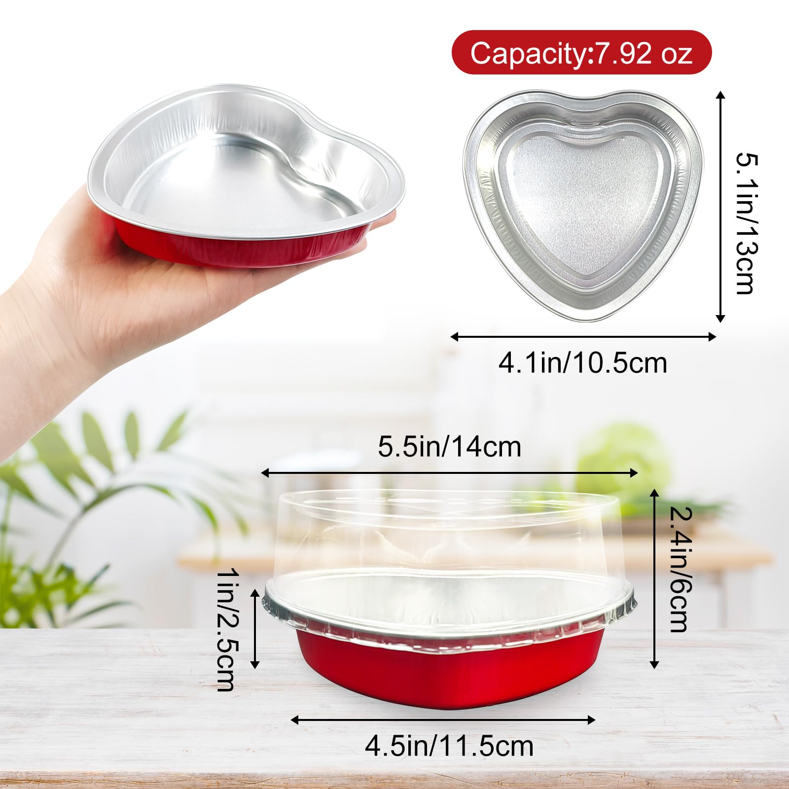 18 moldes grandes de aluminio en forma de corazón con tapas transparentes, 225 ml, desechables, moldes para tartas de corazón, moldes para hornear cupcakes, latas, recipientes de ramequines para el