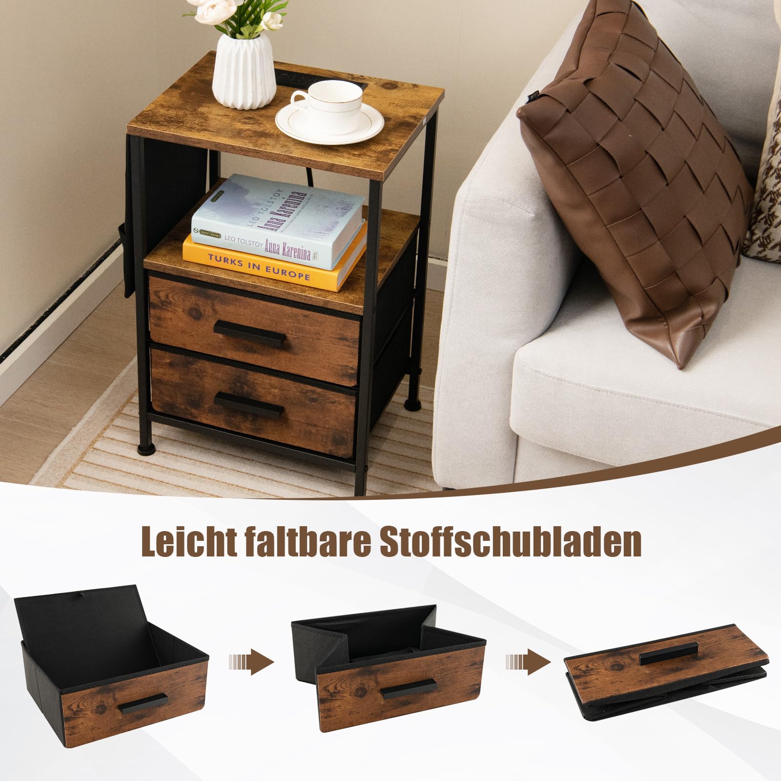 COSTWAY Stolik nocny 2 sztuki z 2 szufladami gniazdko elektryczne USB drewniany 38x30x60 cm rustykalny brąz