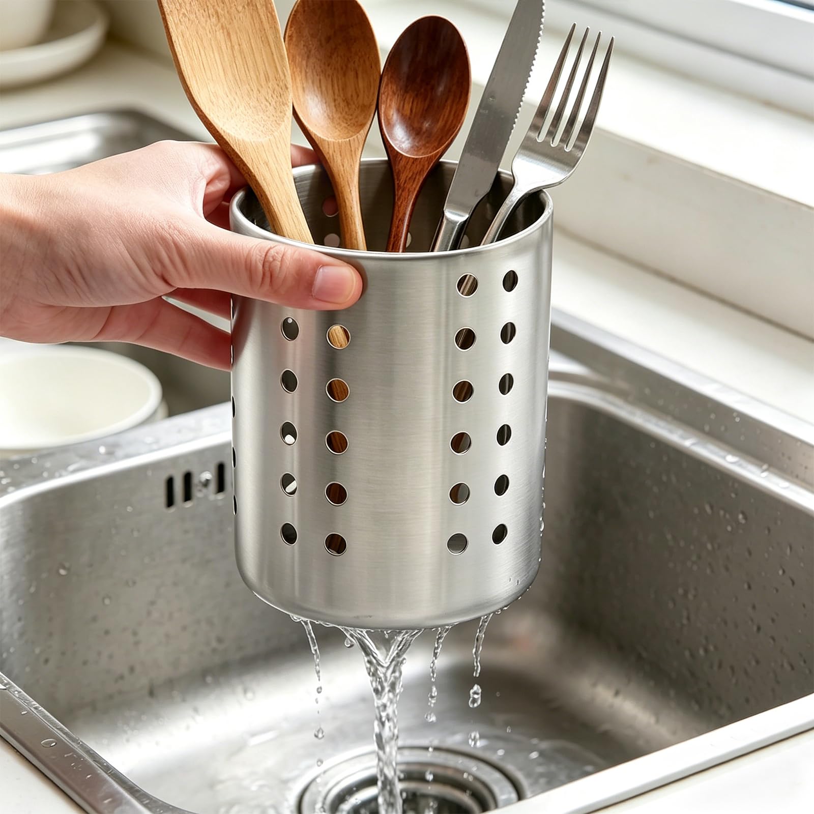 2 Stück Küchenutensilienhalter Silber Utensilienhalter Küche Besteckkorb Tisch Kochutensilien Aufbewahrung Küchenhelfer Edelstahl Besteckhalter für Küchenutensilien und Geschir, 9,5×12,5cm