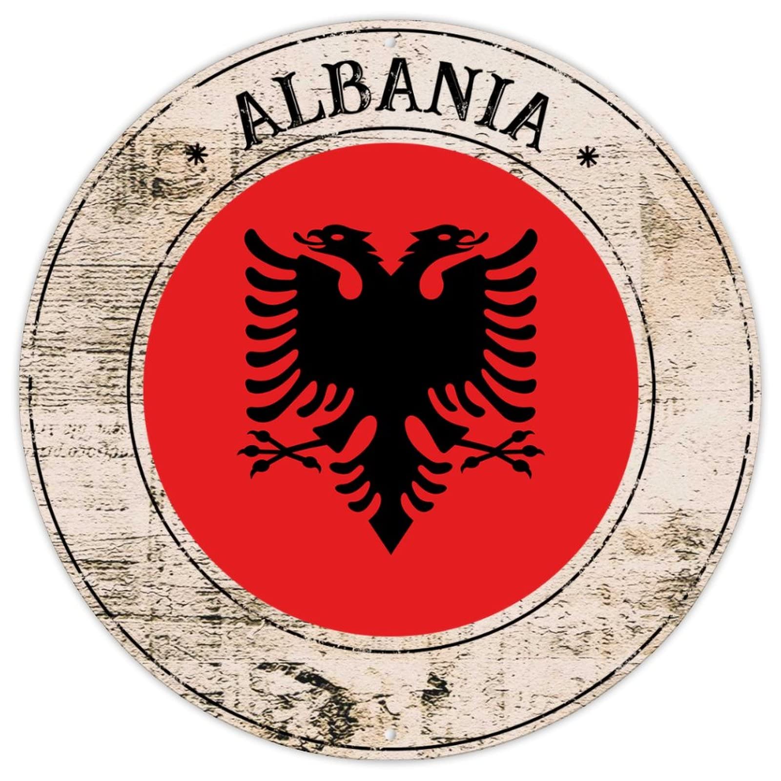 Cowkisssign Albania Flag Metal Tin Sign Wall Plaque Country Souvenir Gift Retro Metal Wall Hanging Sign National Flag Round Welcome Sign Quality Metal Sign For Front Porch Kitchen Bedroom 9X9in