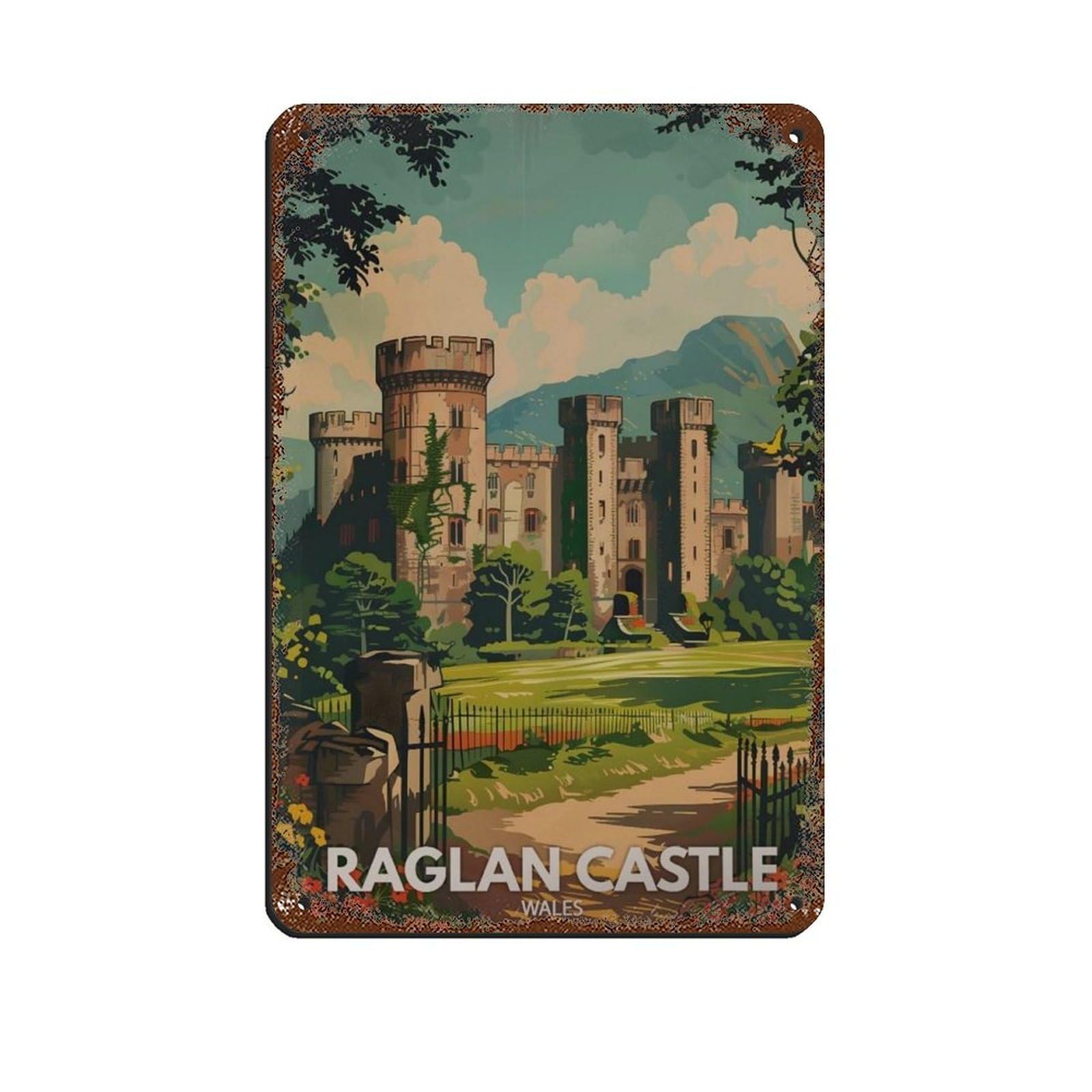 Lxwnze 20L X 30W Cm Raglan Castle Poster, Wales Castle Travel Tin Sign Vintage Metal Pub Club Cafe Bar Home Wall Art Decoration Poster Retro 8X12inch(20X30cm)