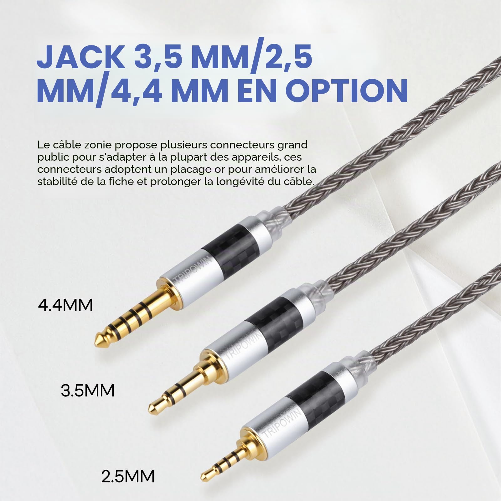Tripowin Zonie IEM Câble 16 Fils Argenté 1,25m SPC In Ear Monitor 3,5mm 0,78mm 2pin Gris