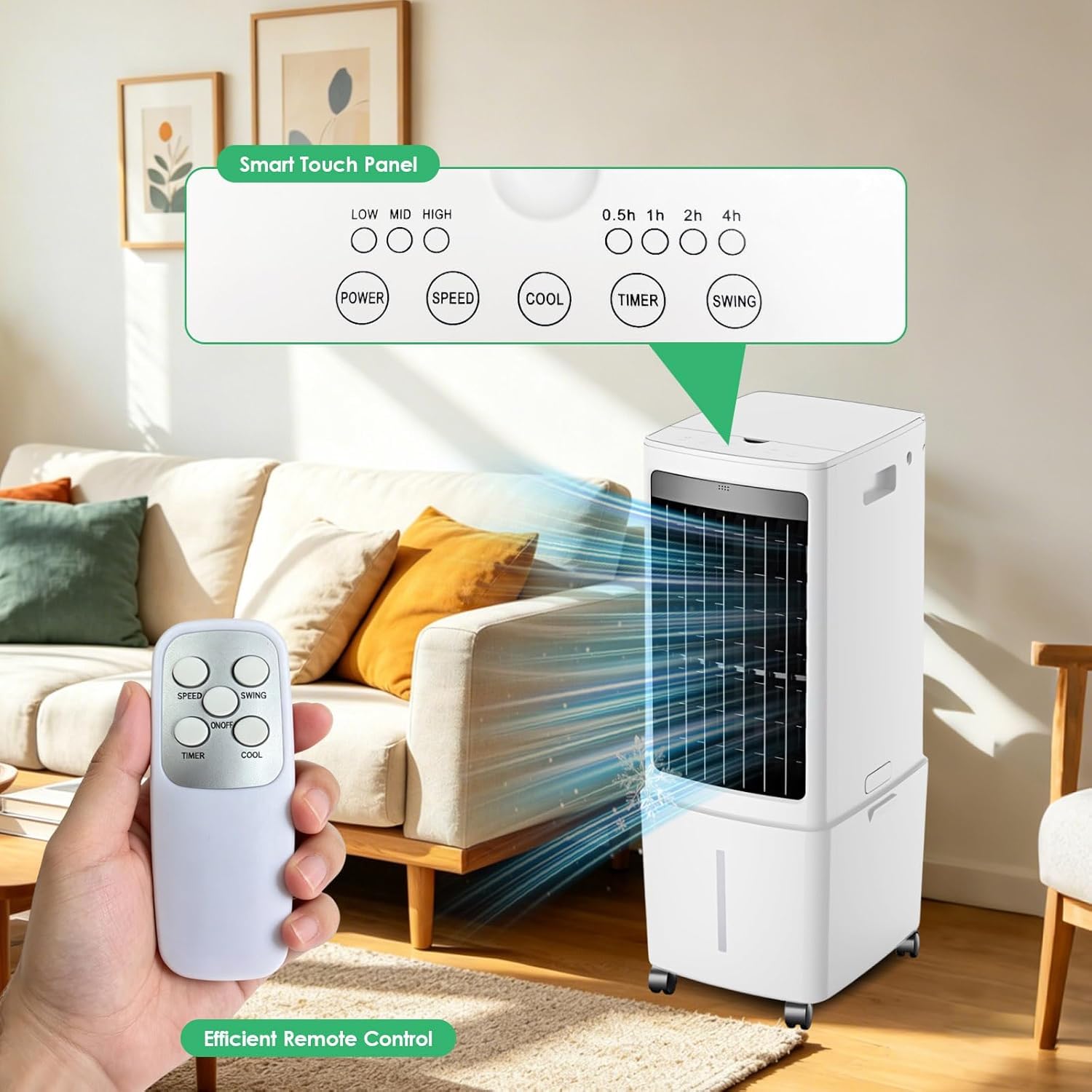 Klimaanlage Mobil 80W, 1-seitiger Klimaanlage Ohne Abluftschlauch, 3 Modi, 120° Oszillation, 7.5h Timer, Leise, Fernbedienbar, Verdunstungskühler für Zuhause Schlafzimmer