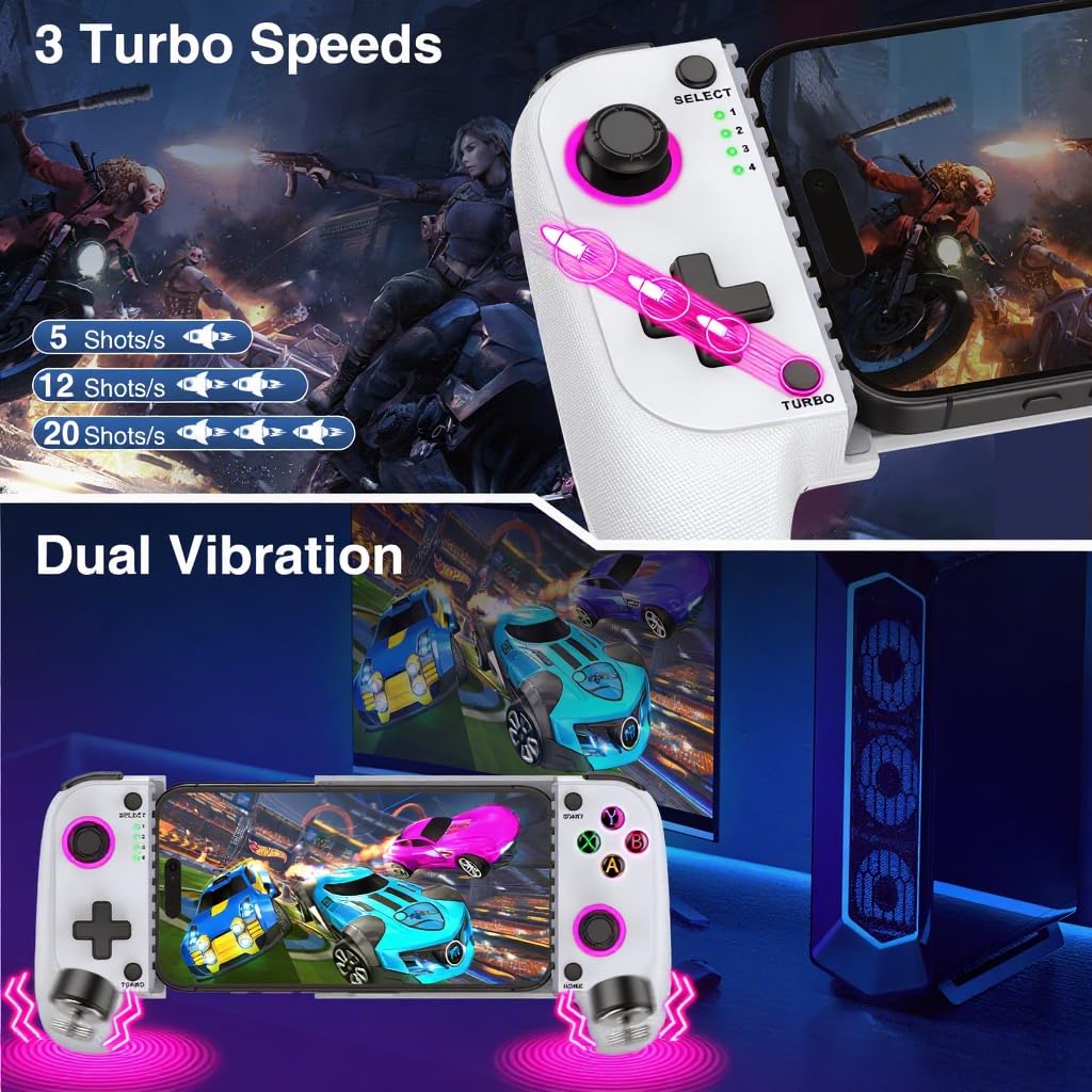 Controlador de teléfono para iPhone/Android – Controlador de juegos móvil con palanca de mando de efecto Hall, soporte de funda de teléfono, luz dinámica fría, función turbo, vibración dual