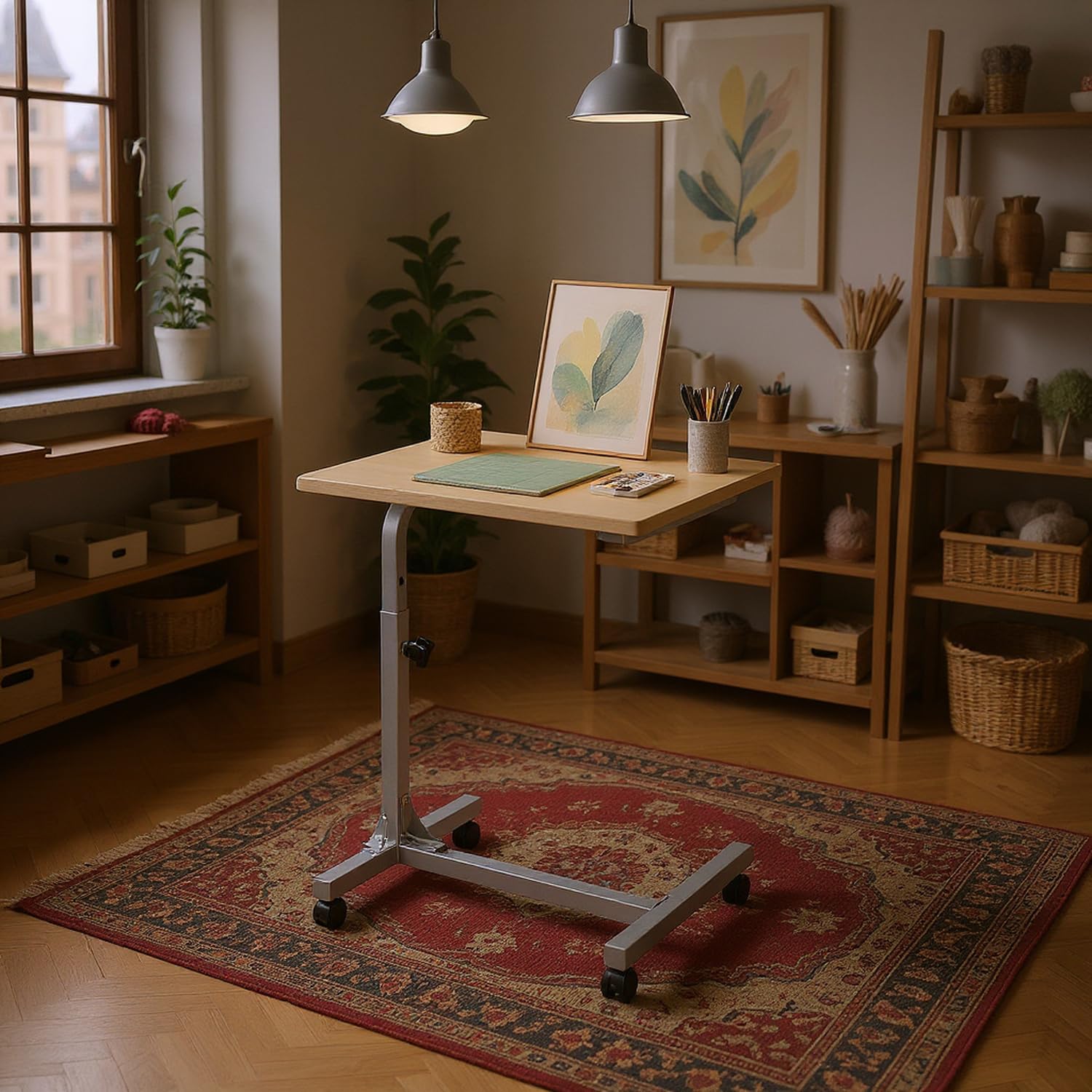 FURNISH - Mesa de trabajo con base de metal ajustable en altura para taller, garaje, mesa de taller duradera con ruedas bloqueables para estudio de arte y bricolaje