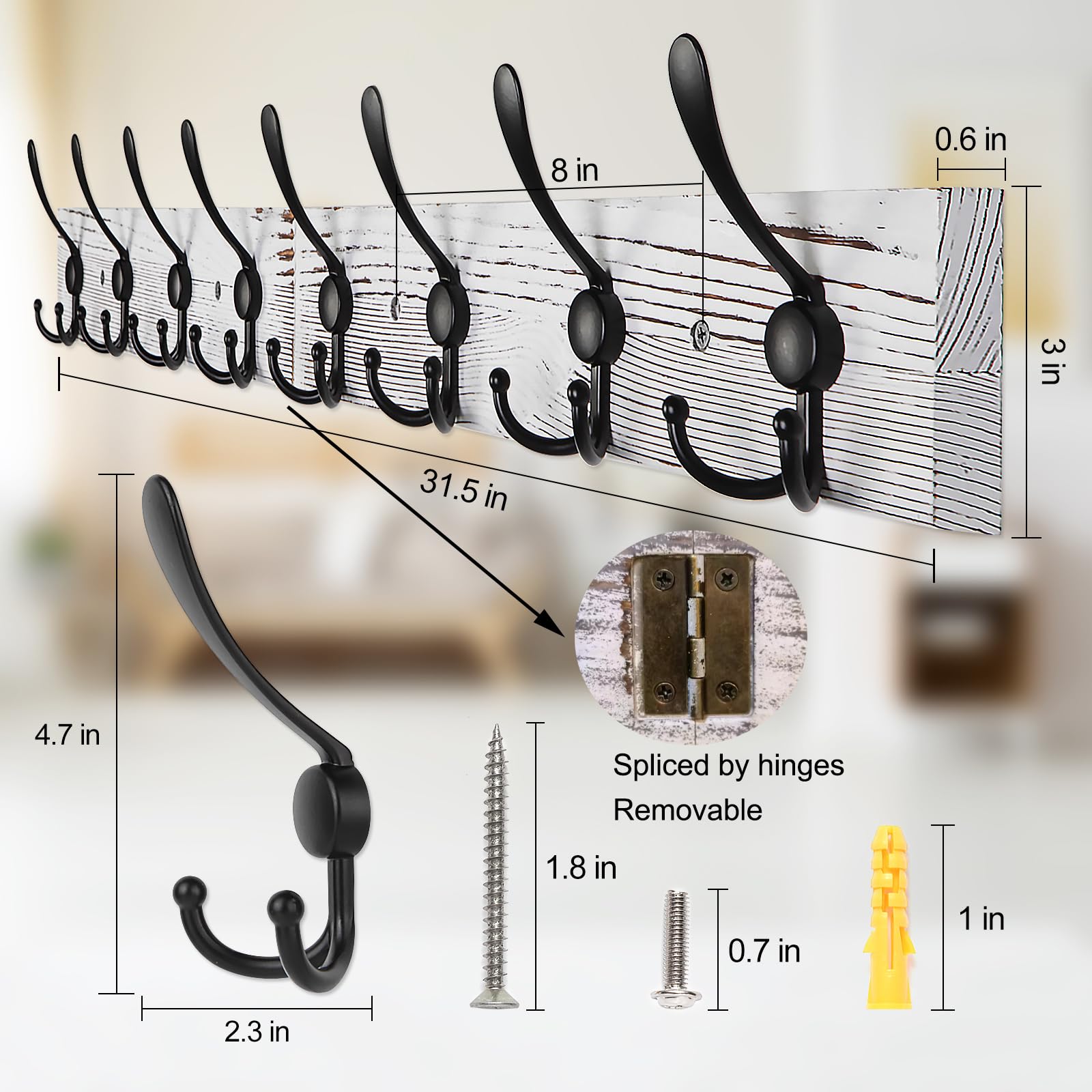 Homagic Wieszak na ubrania do montażu ściennego 80 cm wieszak ścienny stary biały wieszak na płaszcze na ścianę rustykalne wieszaki na ręczniki do łazienki salonu płaszcze kapelusze ubrania