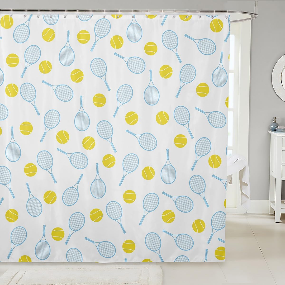 Erosebridal Tennis Sports Kids Racket Shower Curtain 72x72 for Boys Girls Tennis Lover, Simple Ball Games Shower Accessories with Hooks, Cartoon