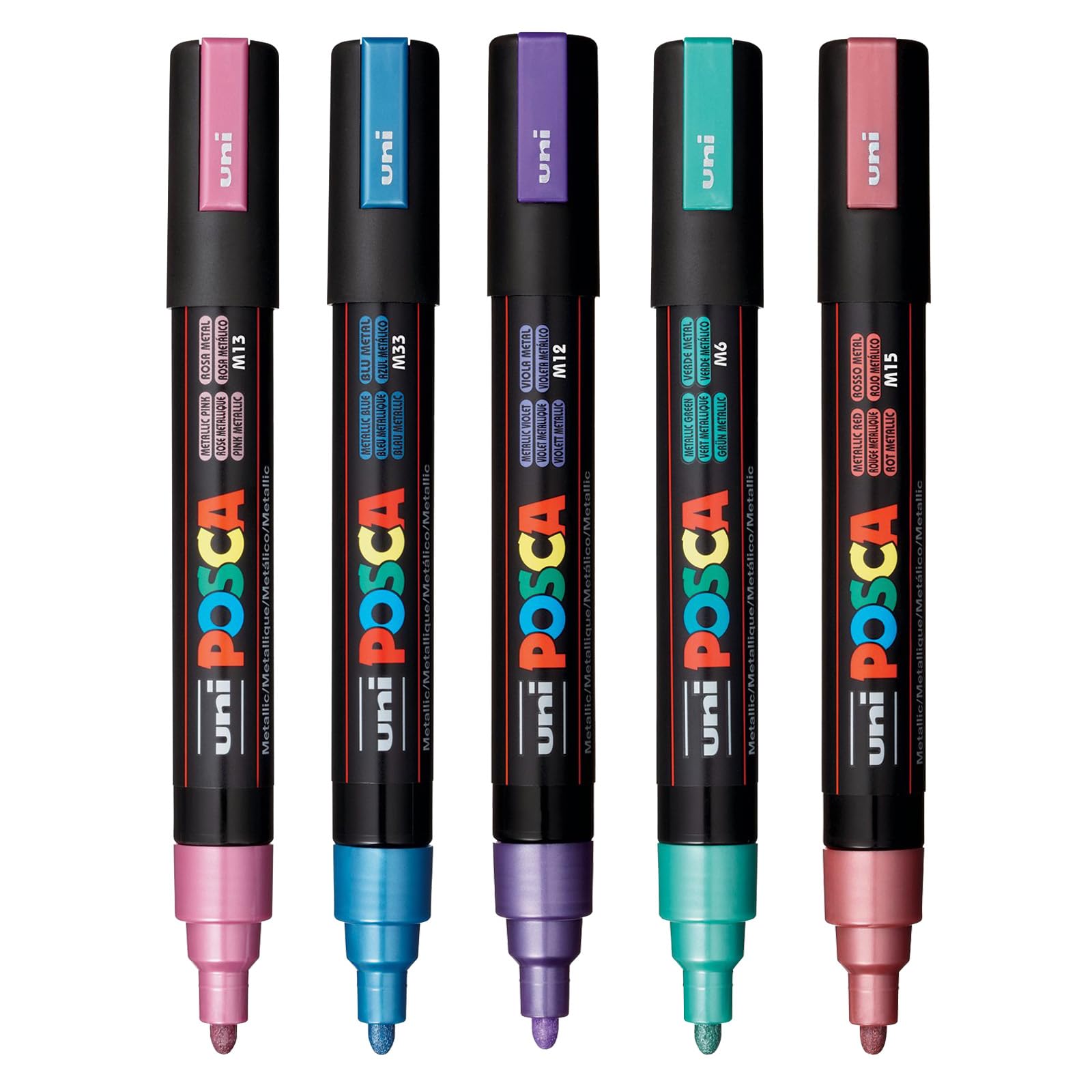 posca Paint Art Markers, Set of 5 5M Medium Markers with Reversible Tips, Metallic Collection