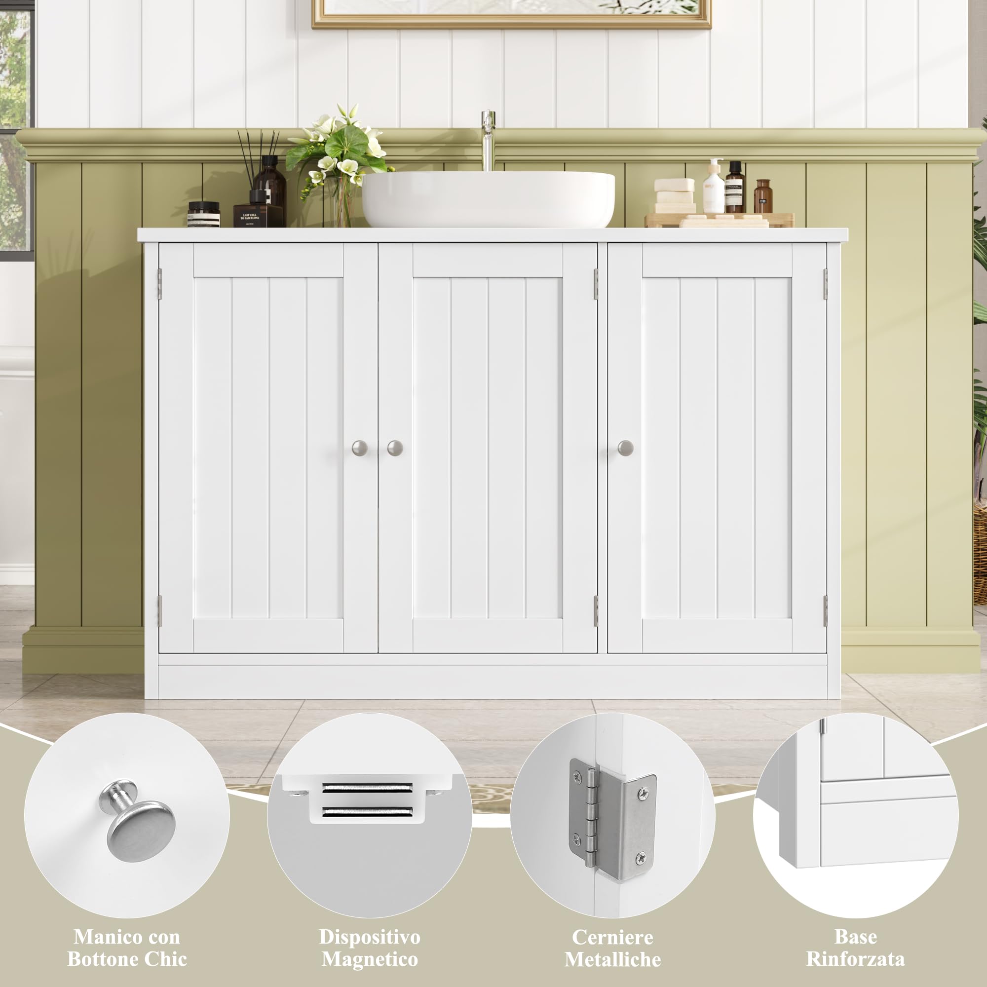 FOREHILL 90CM Mobile Sottolavabo per Bagno.Mobile Bagno con 3 Ante Bianco | Mobile Sottolavabo Grande a Ripiani Regolabili e Rimovibili,Scanalatura a Forma di U,per Bagno, Lavanderia 90x30x61.8 cm