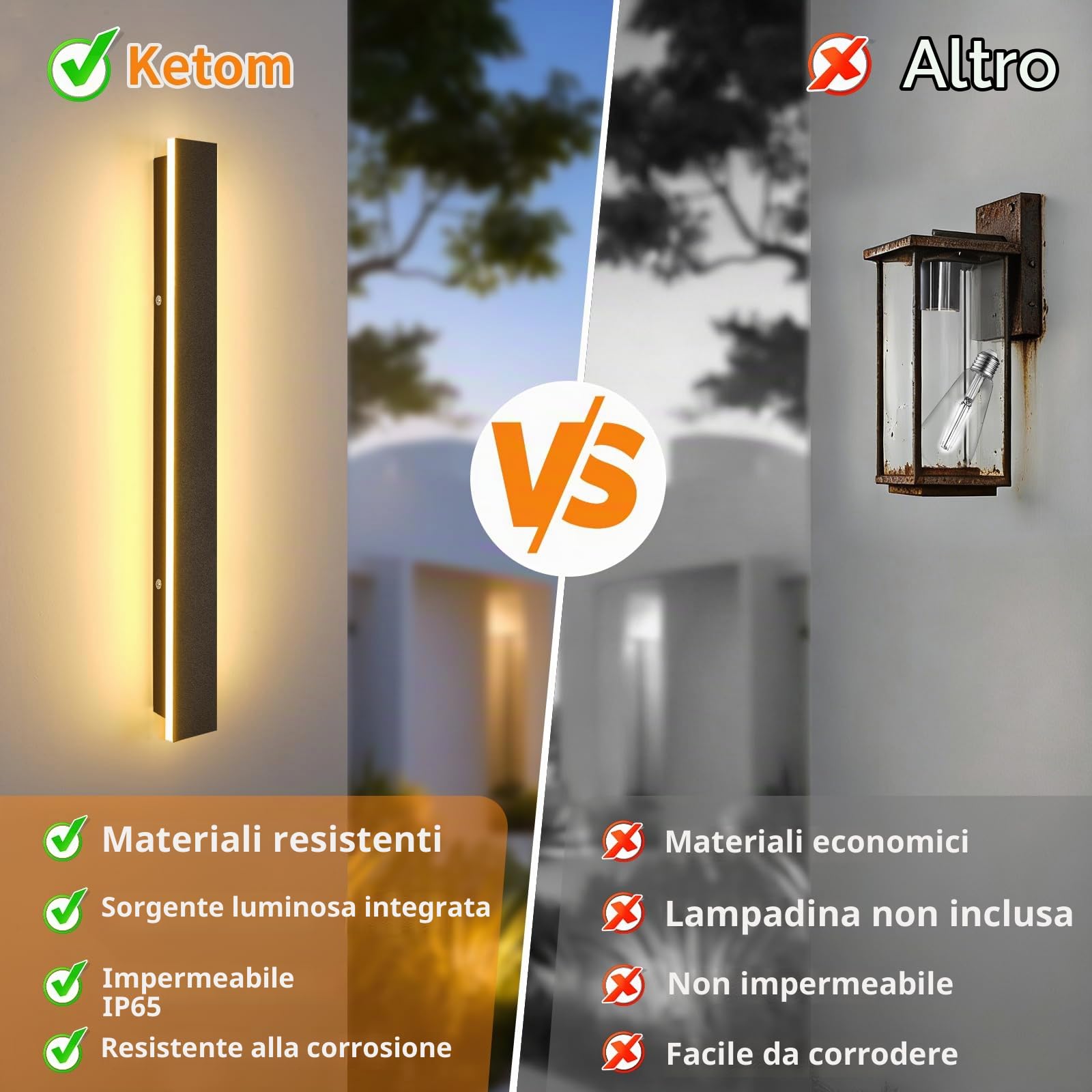 Ketom Applique da Esterno/Interno Moderno Nero, Impermeabile IP65 | Lampada da Parete Esterno LED, Metallo Lineare Lunga Barra LED, per Balcone Giardino Veranda Via, Bianco Caldo 30000K, 60cm