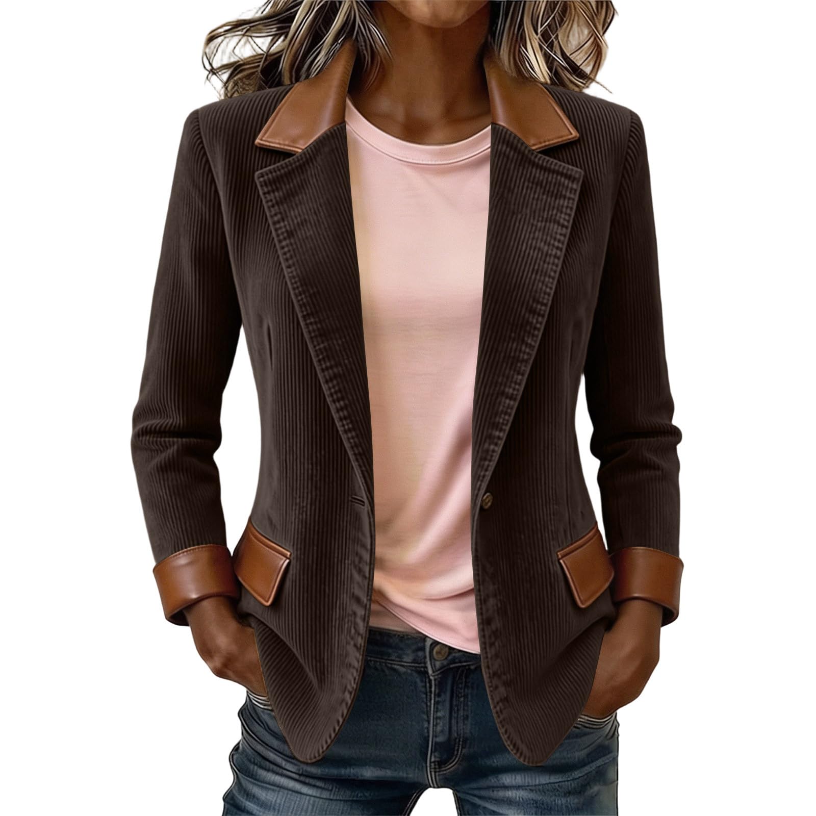 Blazer Damen Elegant Cord Anzugjacke Business Revers Cordjacke Longblazer